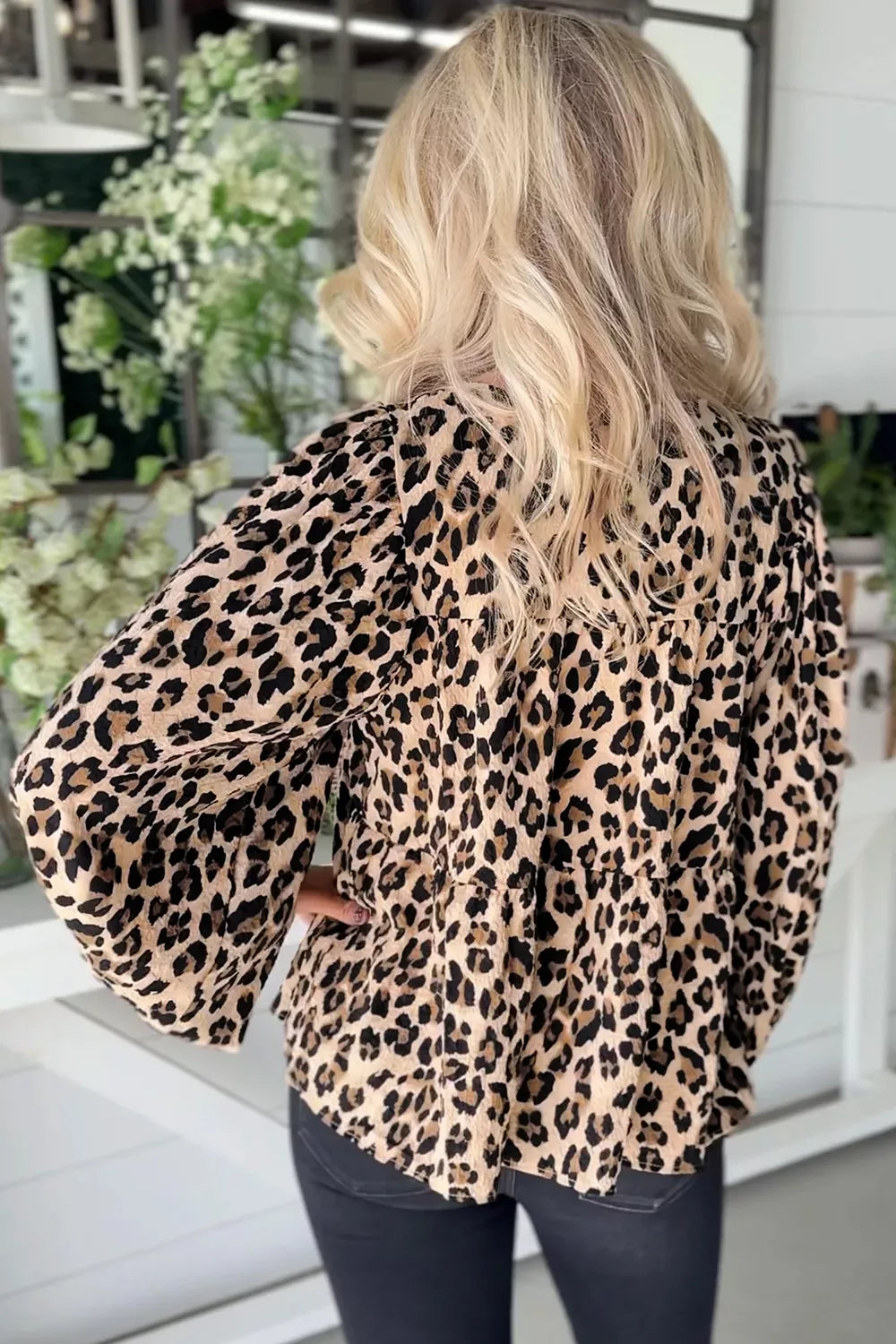 Trendsi Leopard Print Tie-Neck Blouse -