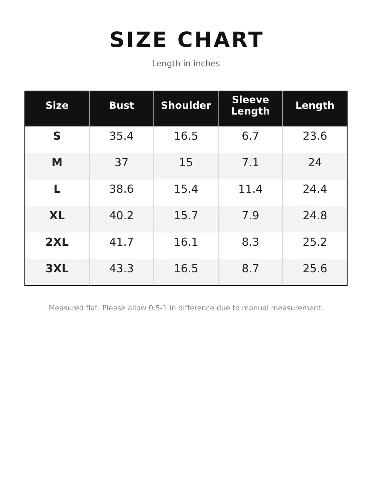 Size chart for letter embroidered round neck t-shirt