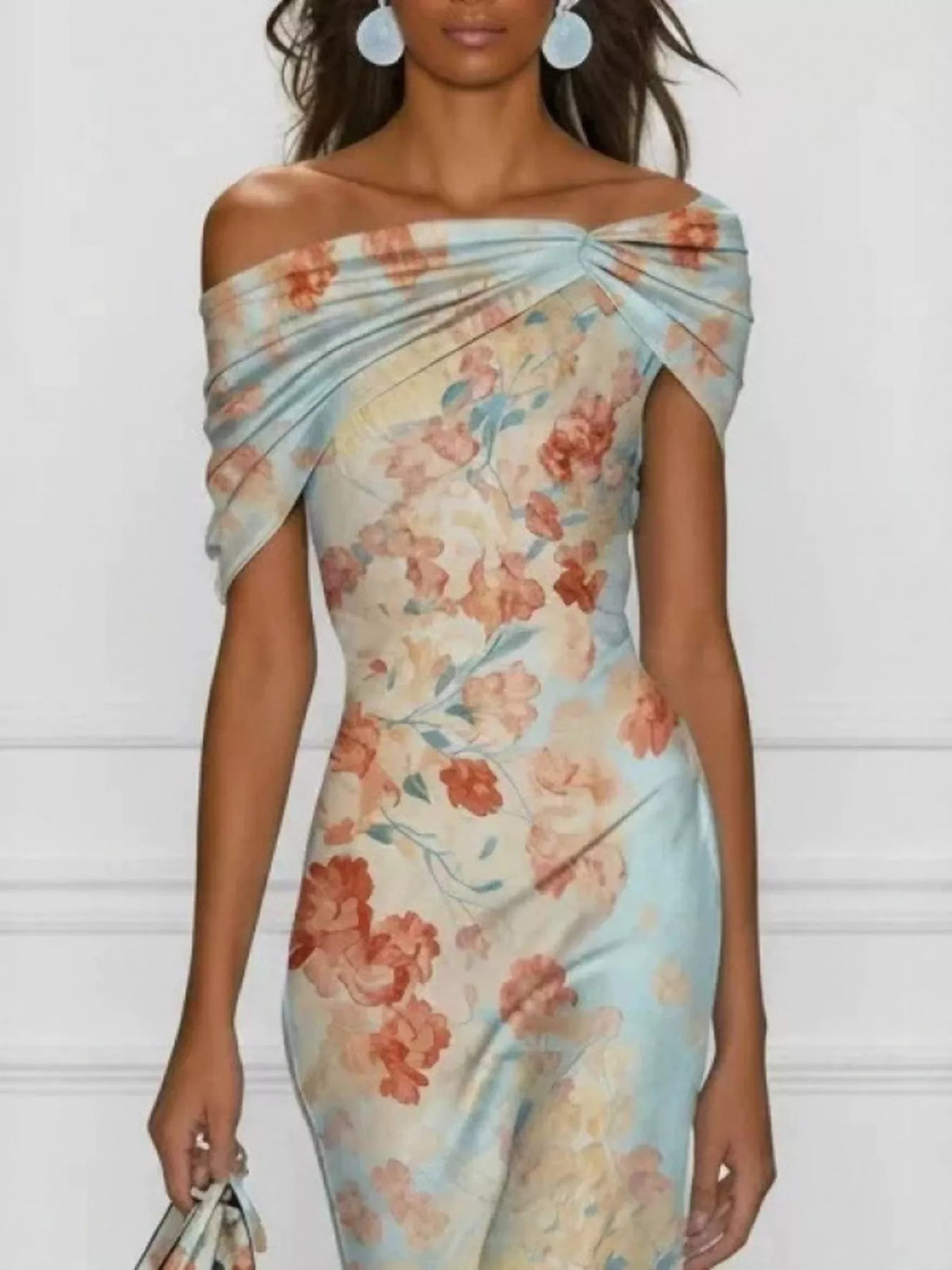 Pastel floral floral off-shoulder midi dress, neckline and bodice detail