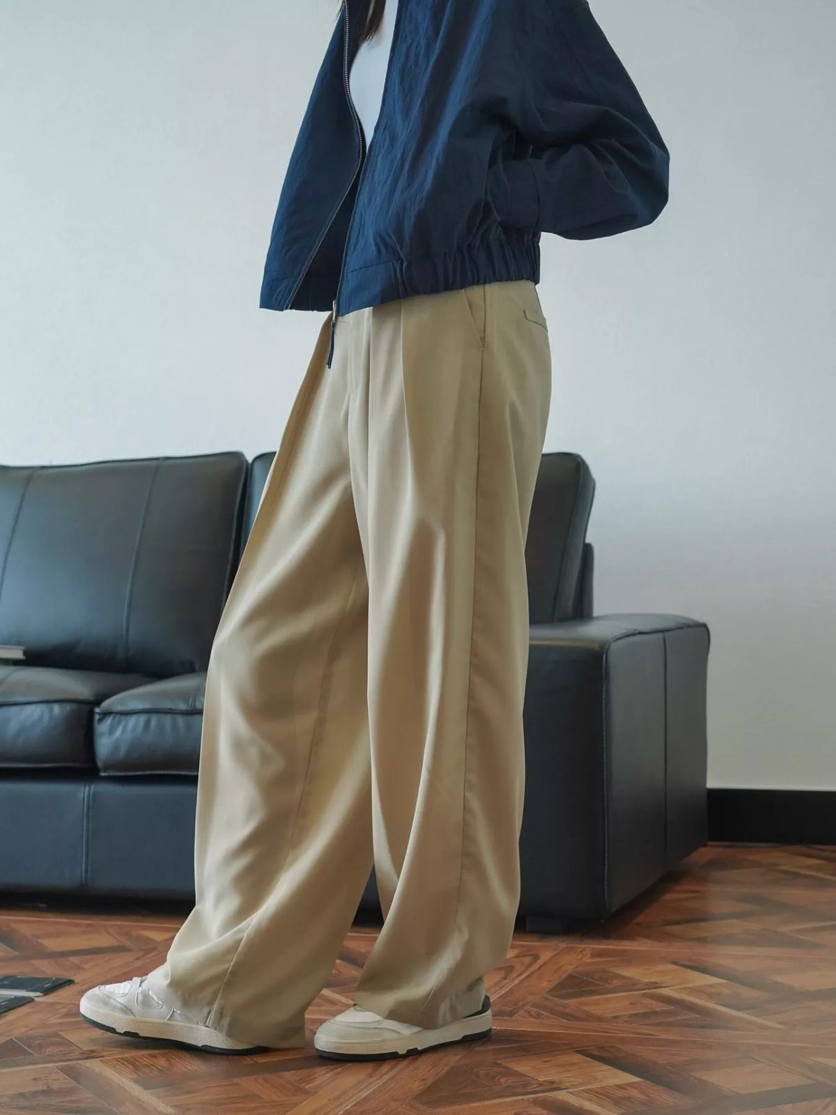 Women's High-Waisted Pleated Wide-Leg Pants in beige — side view
