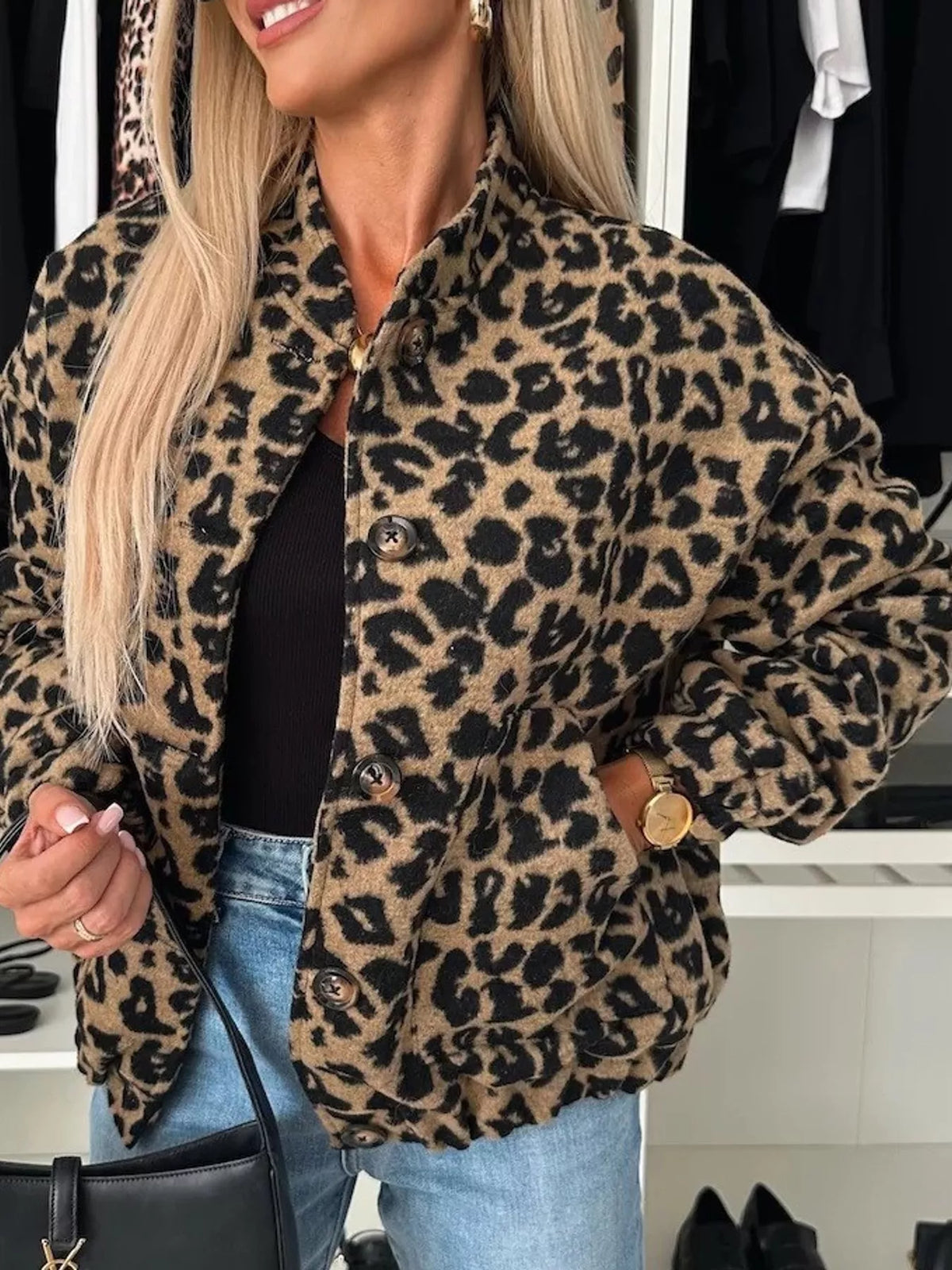 Women's Leopard Print Button-Down Jacket in tan leopard — front view