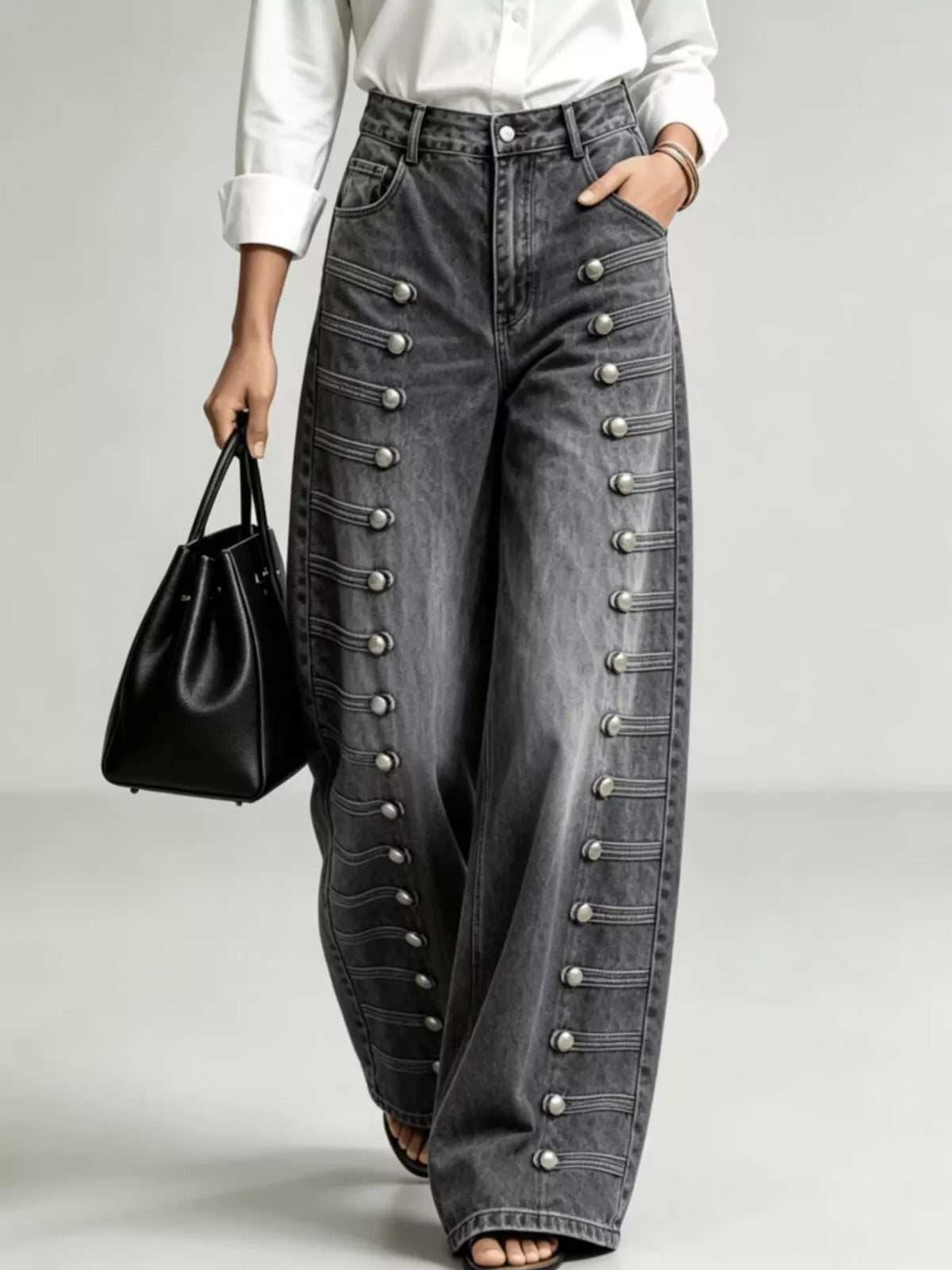 Decorative Button Wide-Leg Jeans in charcoal, front view