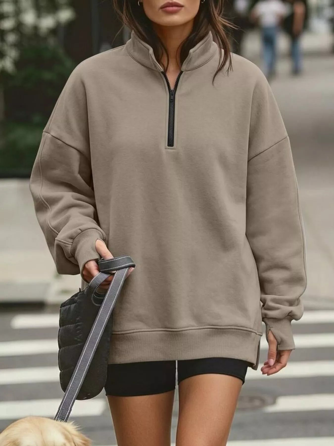Trendsi Quarter-Zip Dropped Shoulder Sweatshirt -