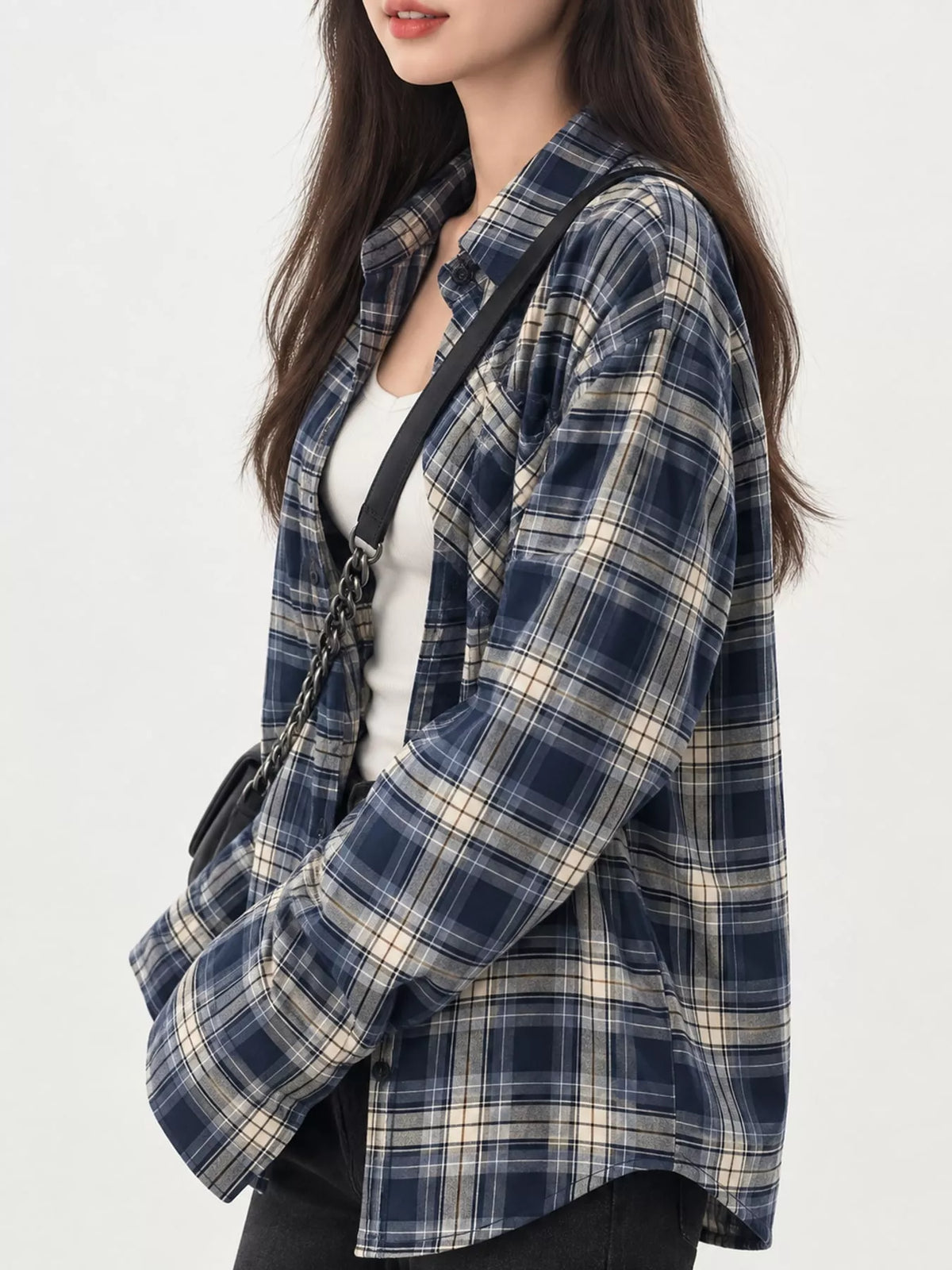 Navy and cream loose-fit plaid shirt, side view