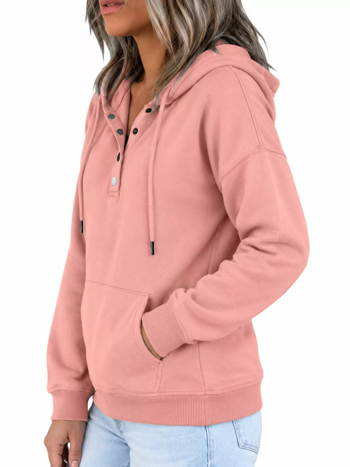 Kangaroo Pocket Hoodie in pink, side view