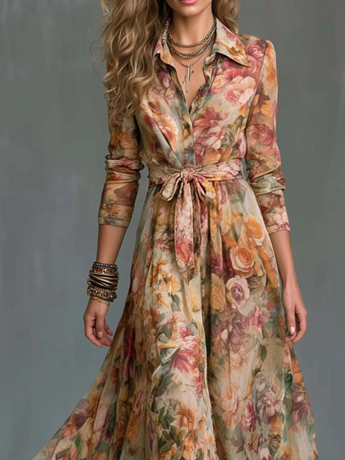 Trendsi Floral Print Long Sleeve Maxi Shirt Dress -