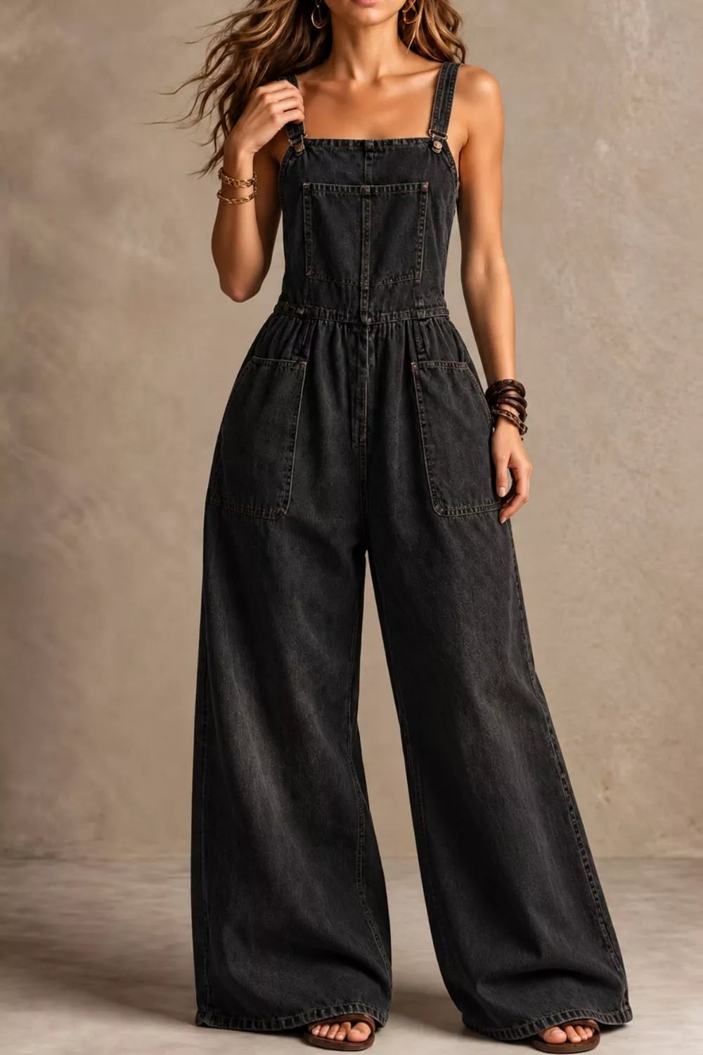 Vintage Wash Wide-Leg Denim Overalls with Pockets — front view