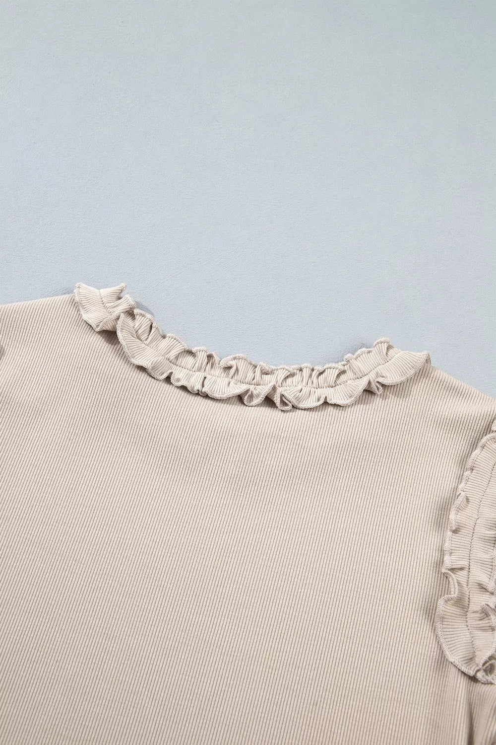 Trendsi Solid Color Round Neck Frill Detail Long Sleeve Top -