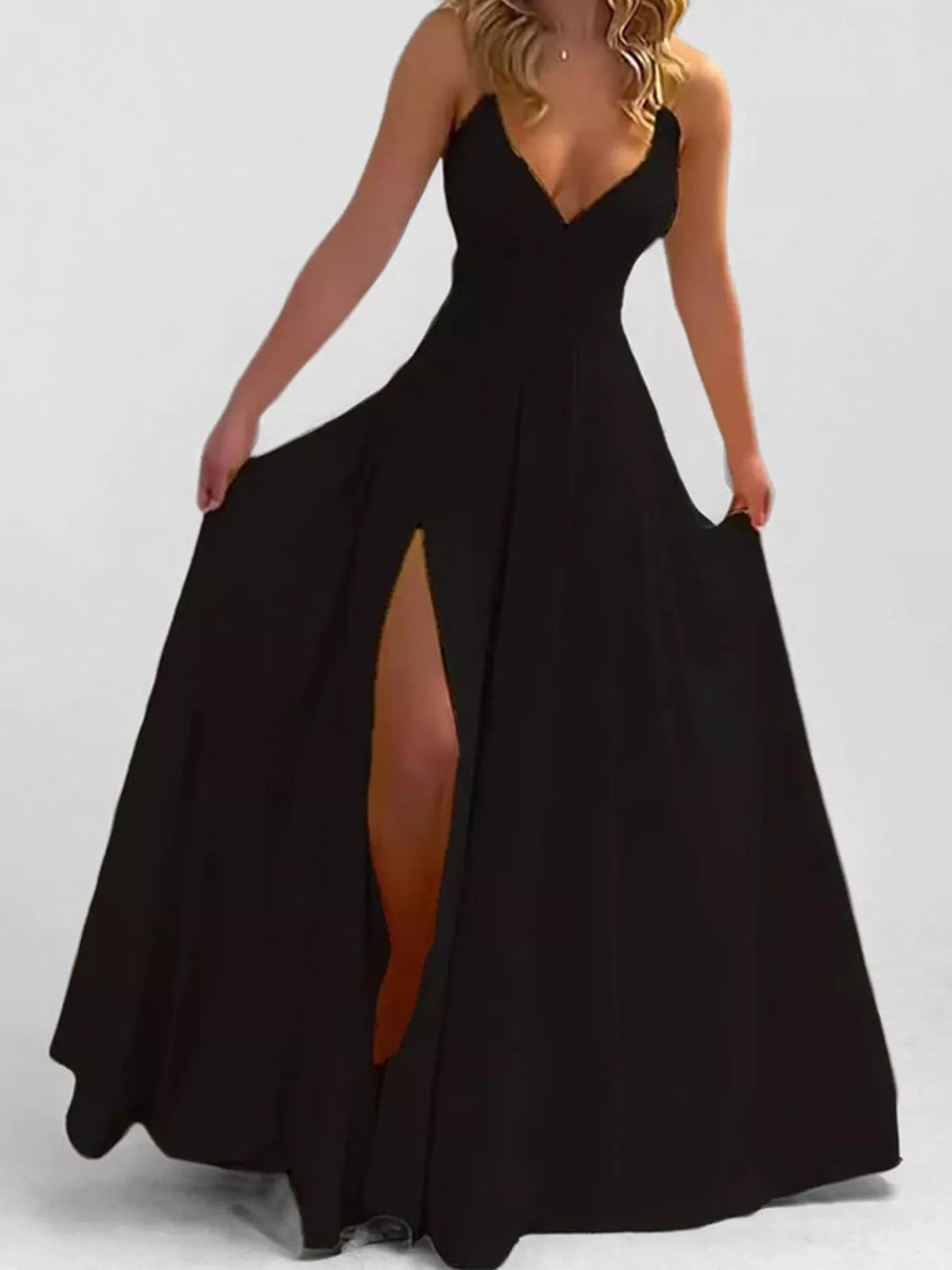 Black sleeveless high slit maxi dress, front view