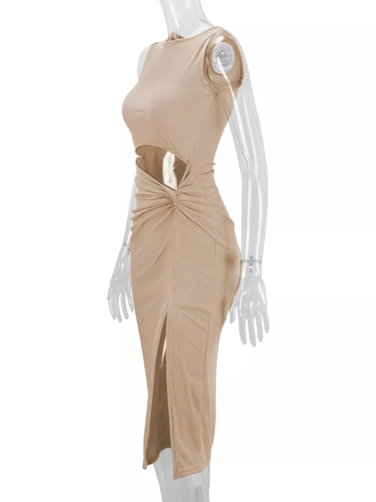 Women's Sleeveless Cut-Out Ruched High-Slit Bodycon Dress in beige — mannequin side view