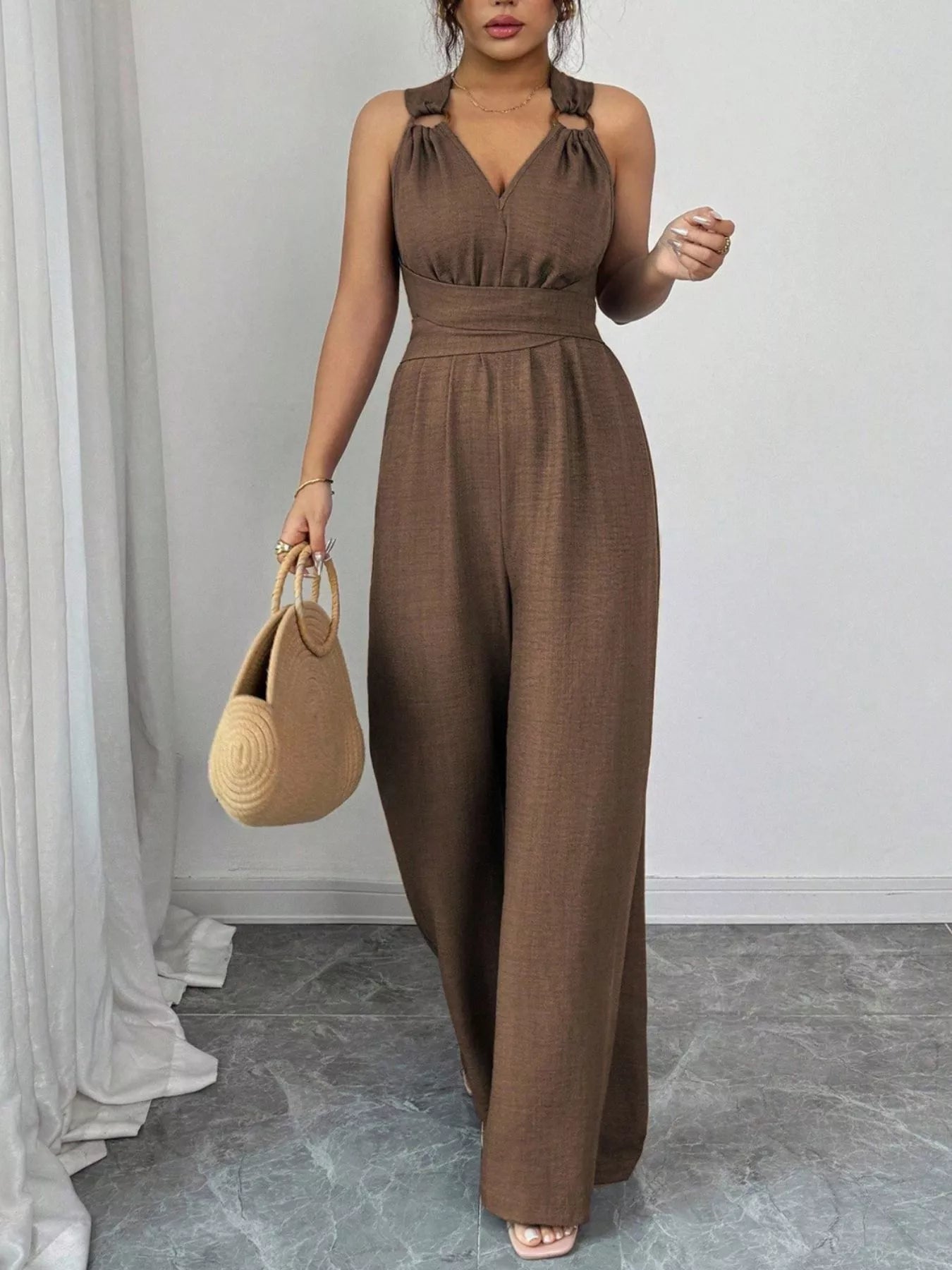 Trendsi Sleeveless V-Neck Wide-Leg Jumpsuit with O-Ring Detail -