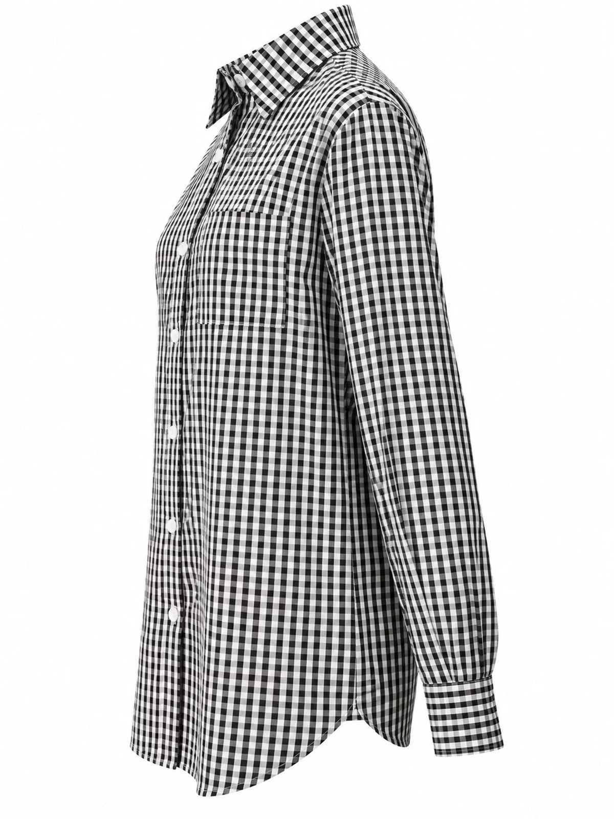 Black and white plaid button-down shirt, side view