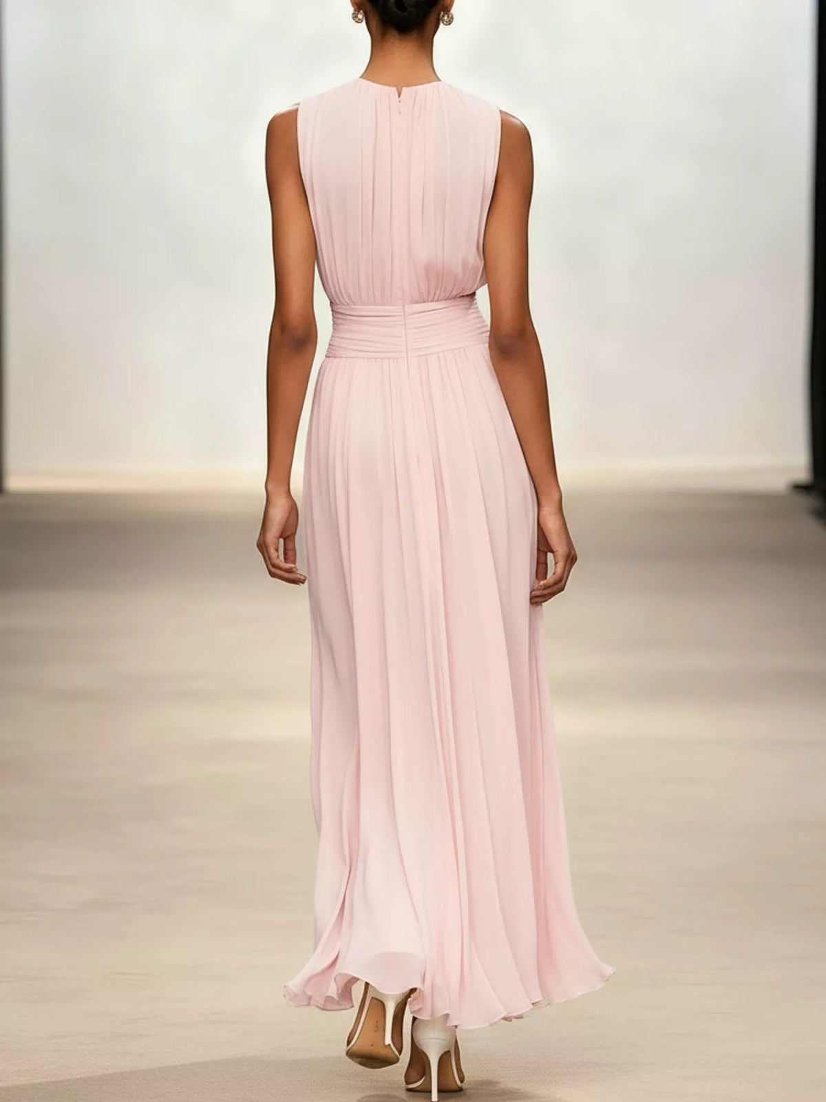 Pink sleeveless ruched chiffon maxi dress, back view