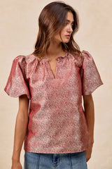 Trendsi BiBi Jacquard Woven Short Balloon Sleeves V Neck Top -
