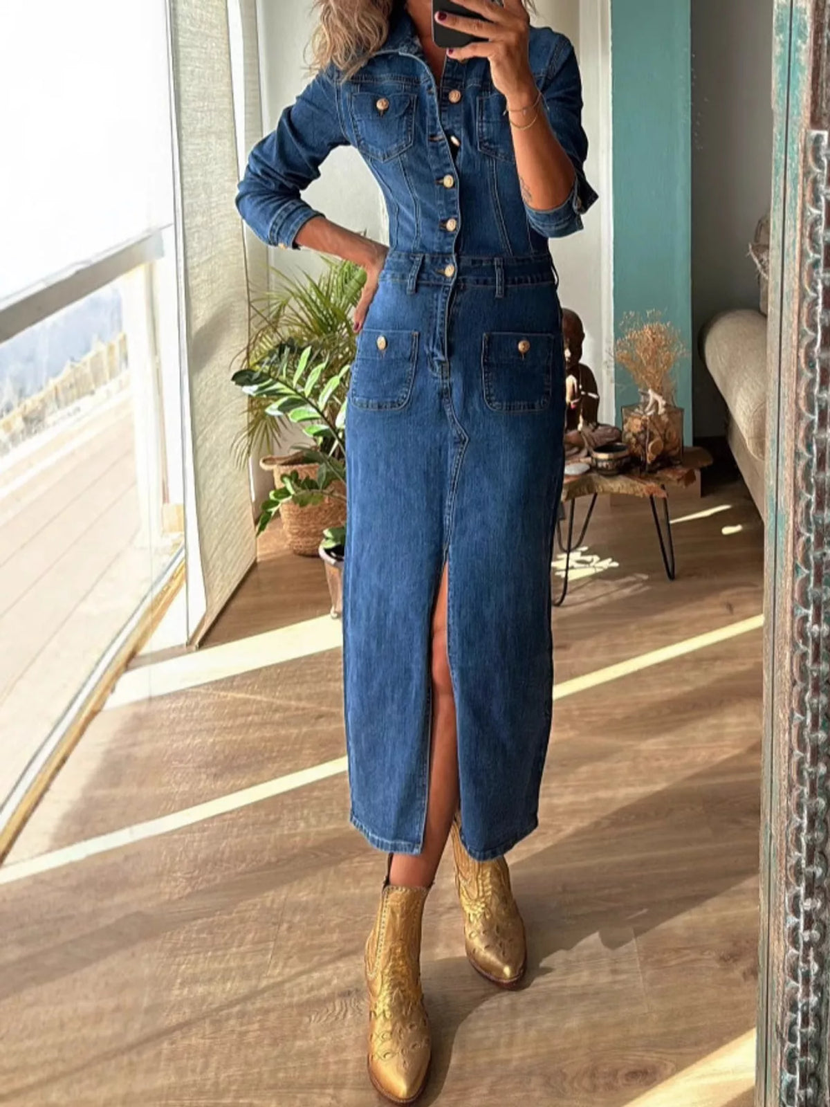 Blue button front slim fit denim midi dress, front view