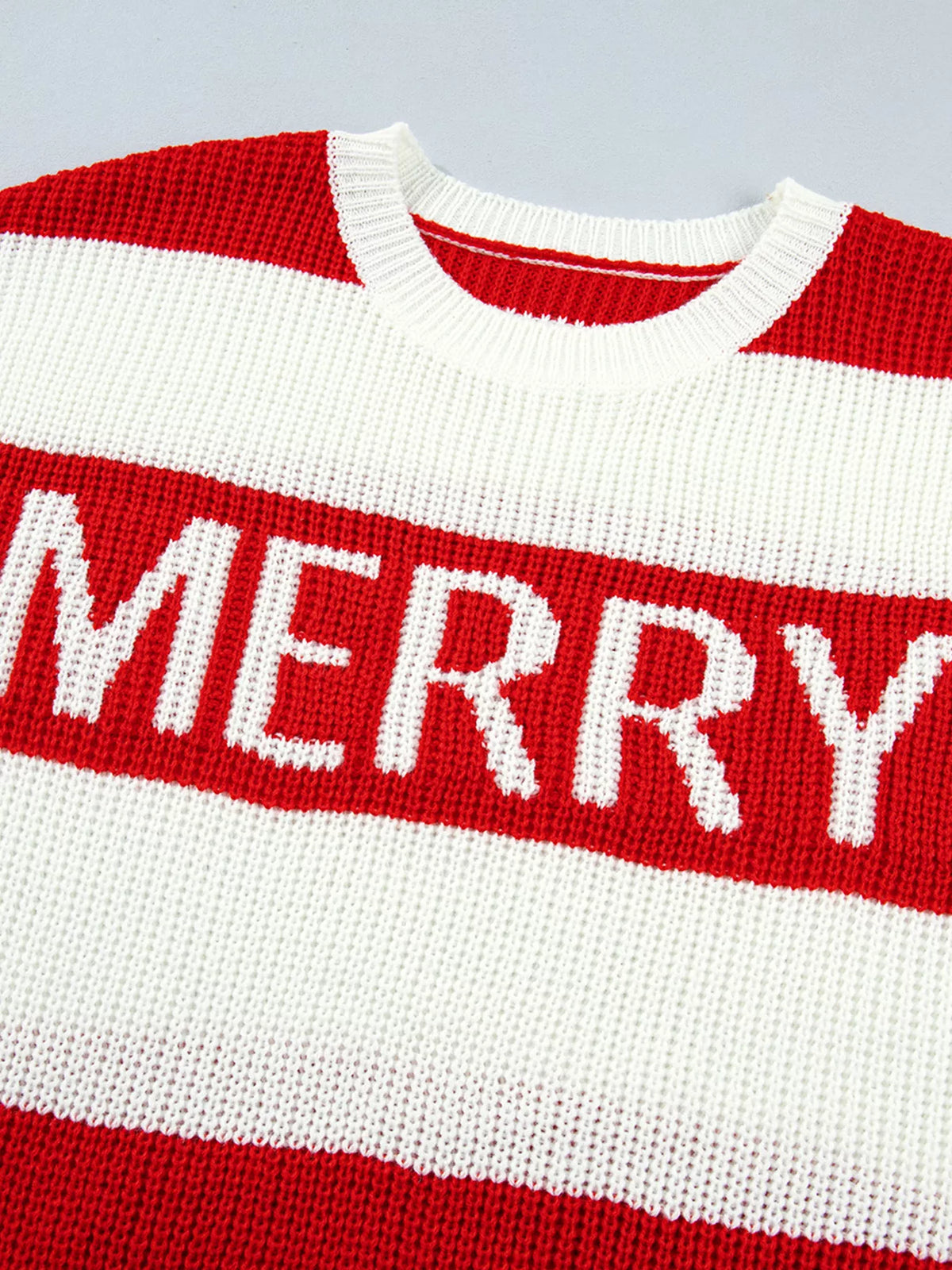 MERRY Striped Christmas Sweater in scarlet, construction detail