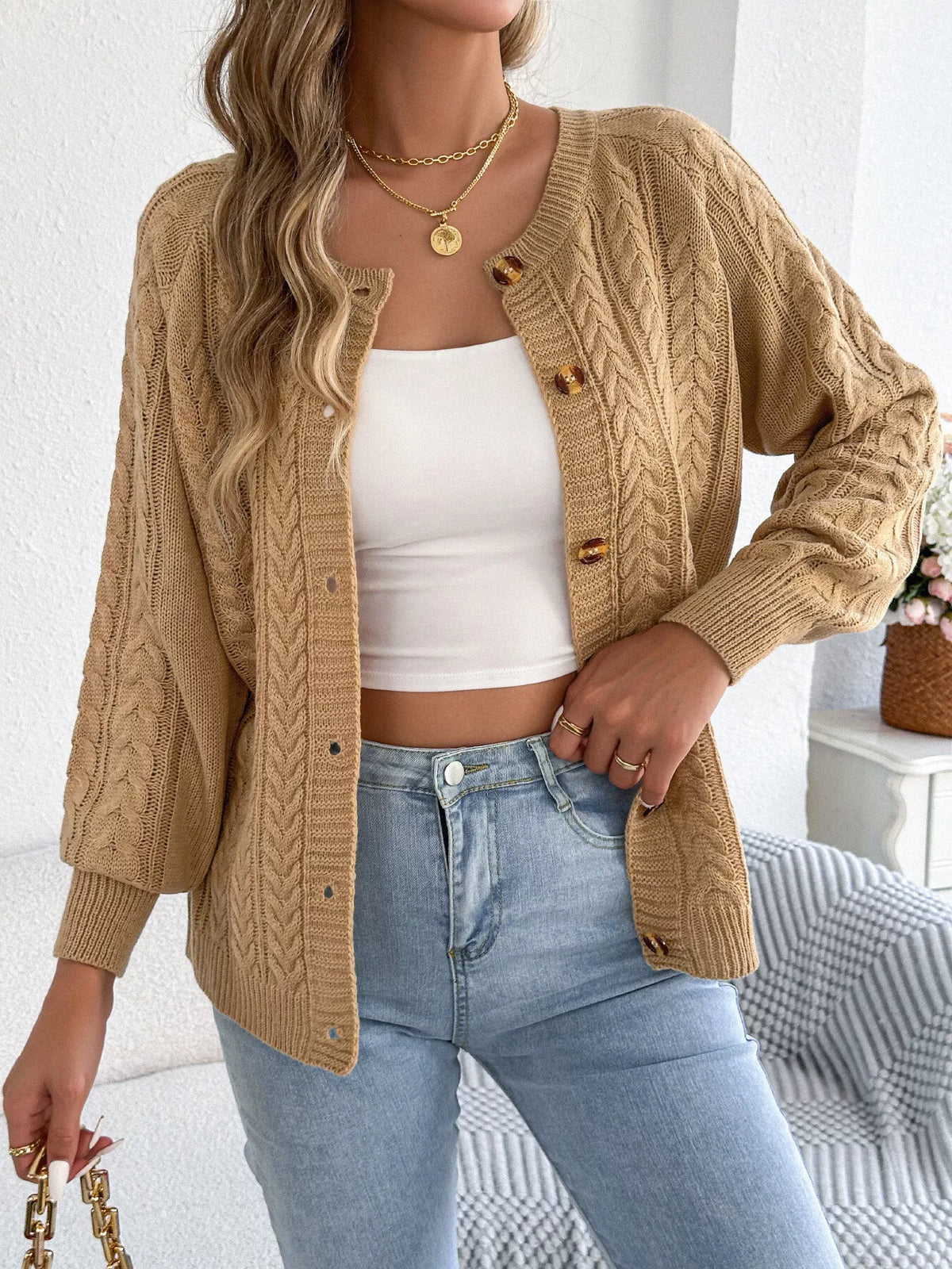Khaki Color cable knit button-front cardigan