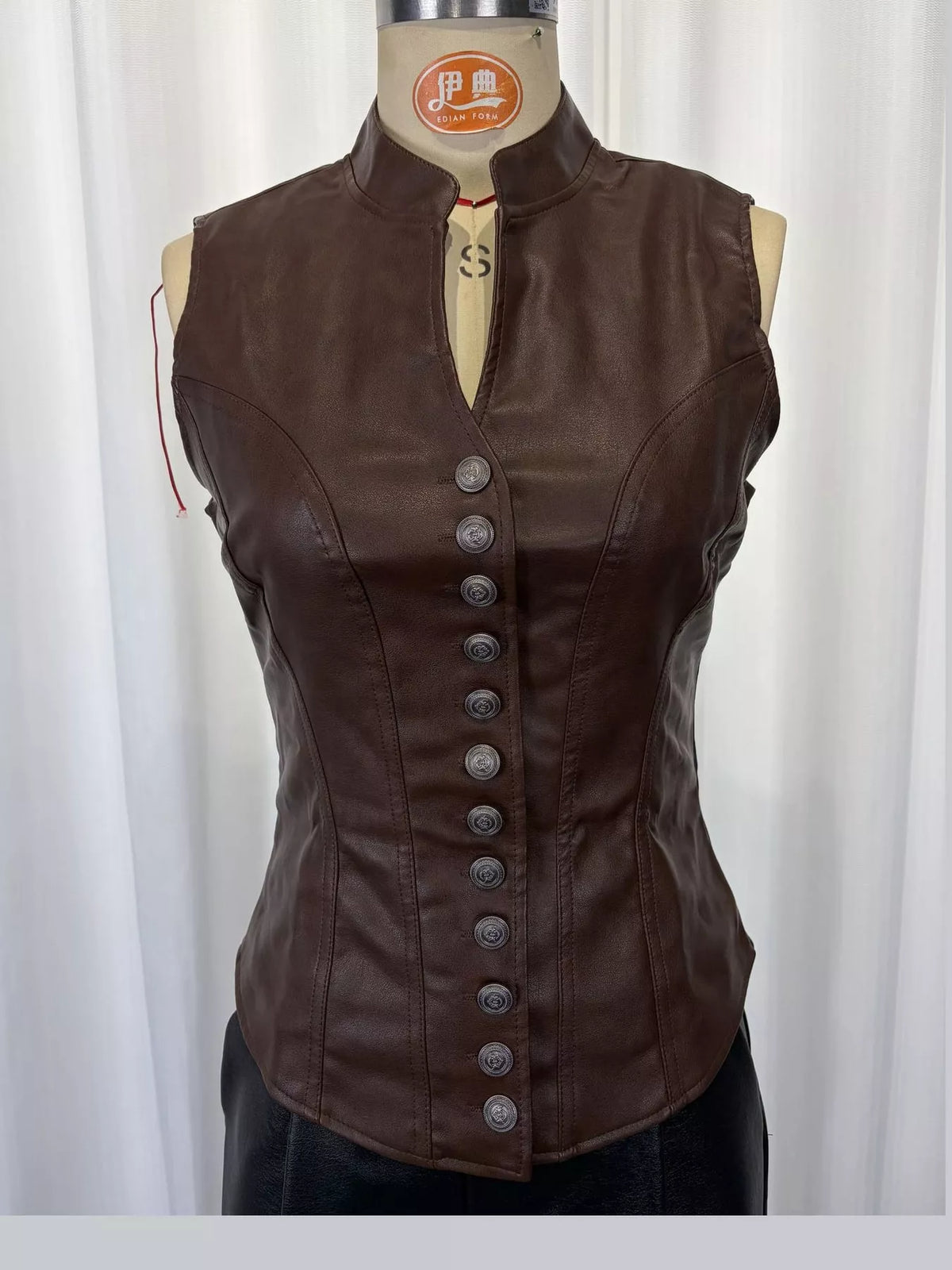 Faux Leather Button-Down Vest in coffee, front view