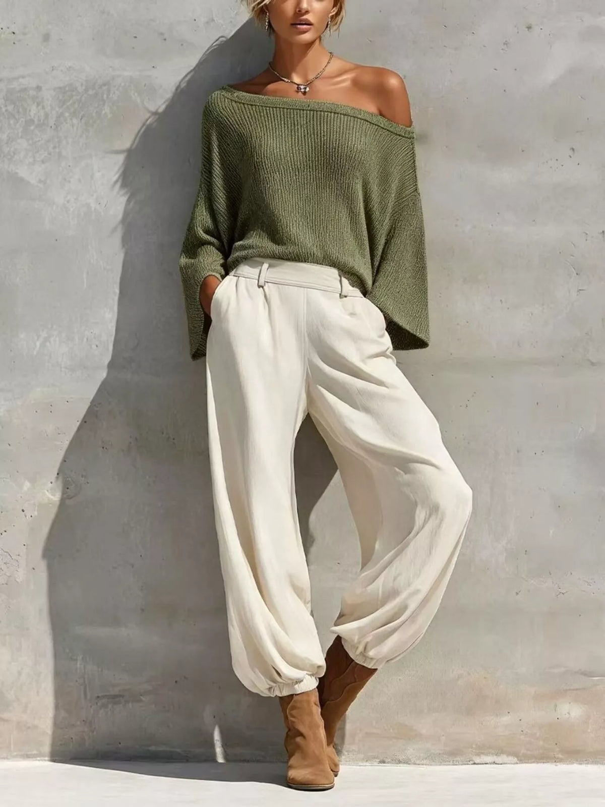Green one-shoulder knit top and pants set, full set front view.