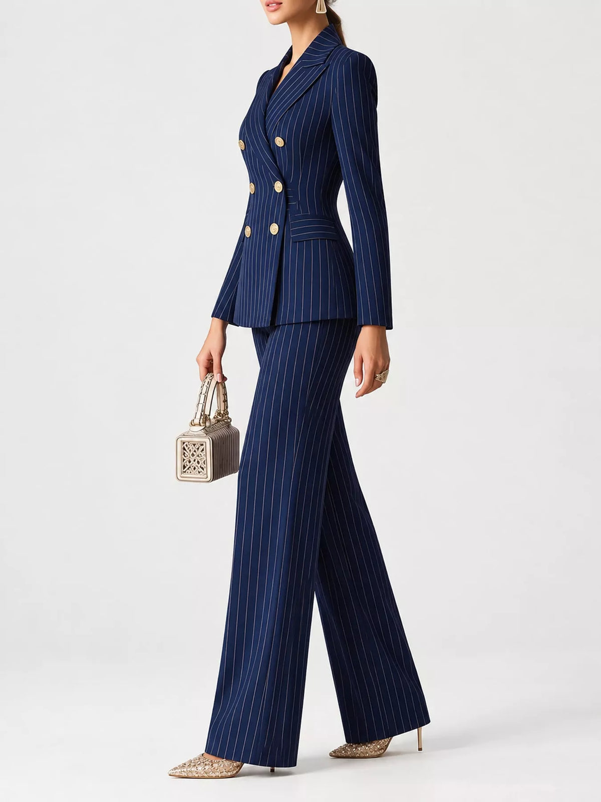 Pinstripe pantsuit, navy suit side
