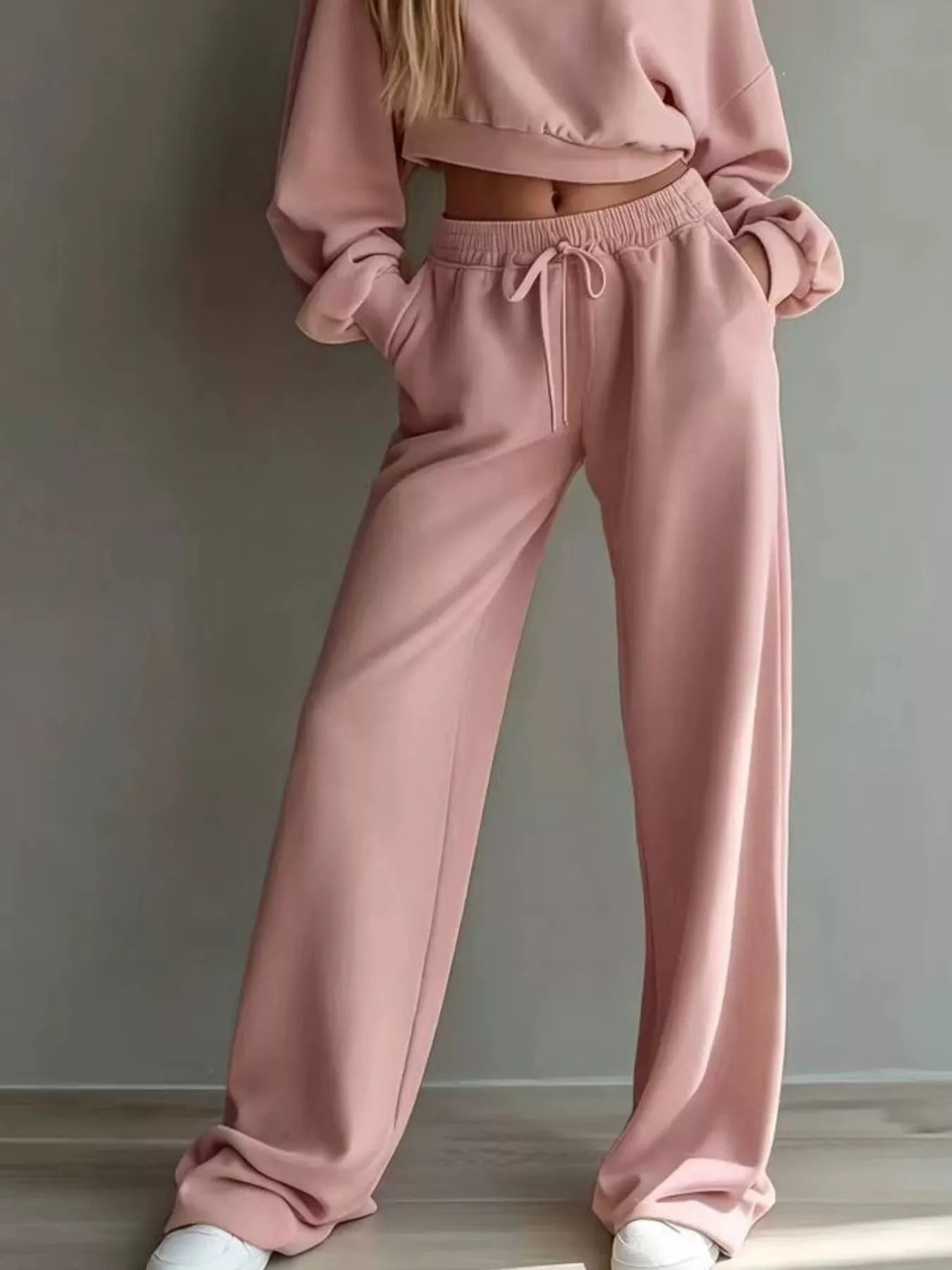 Trendsi Round Neck Cropped Sweatshirt and Wide-Leg Pants Set -