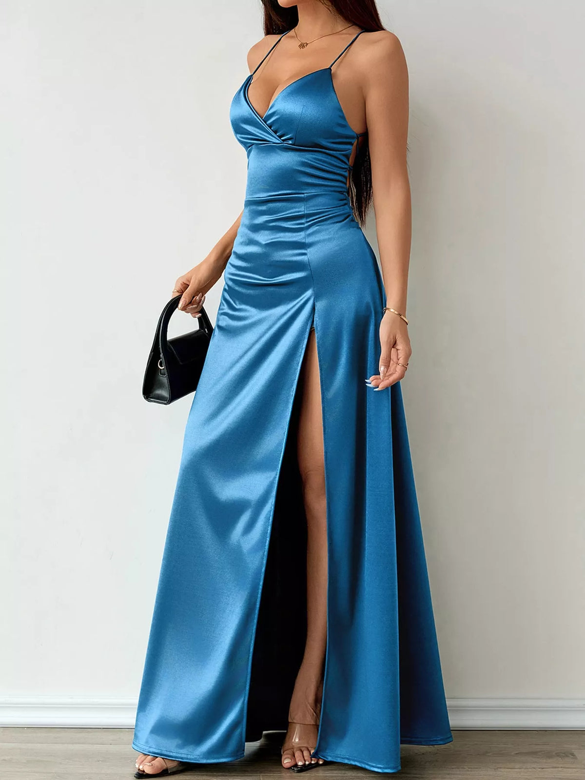 Lace-Up Back Slit Maxi Dress — side view