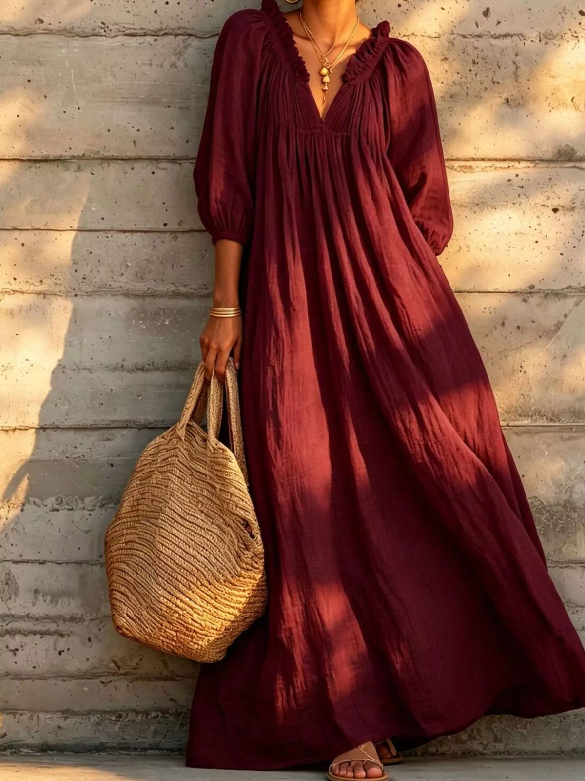 Tiered notched 3/4 sleeve maxi dress