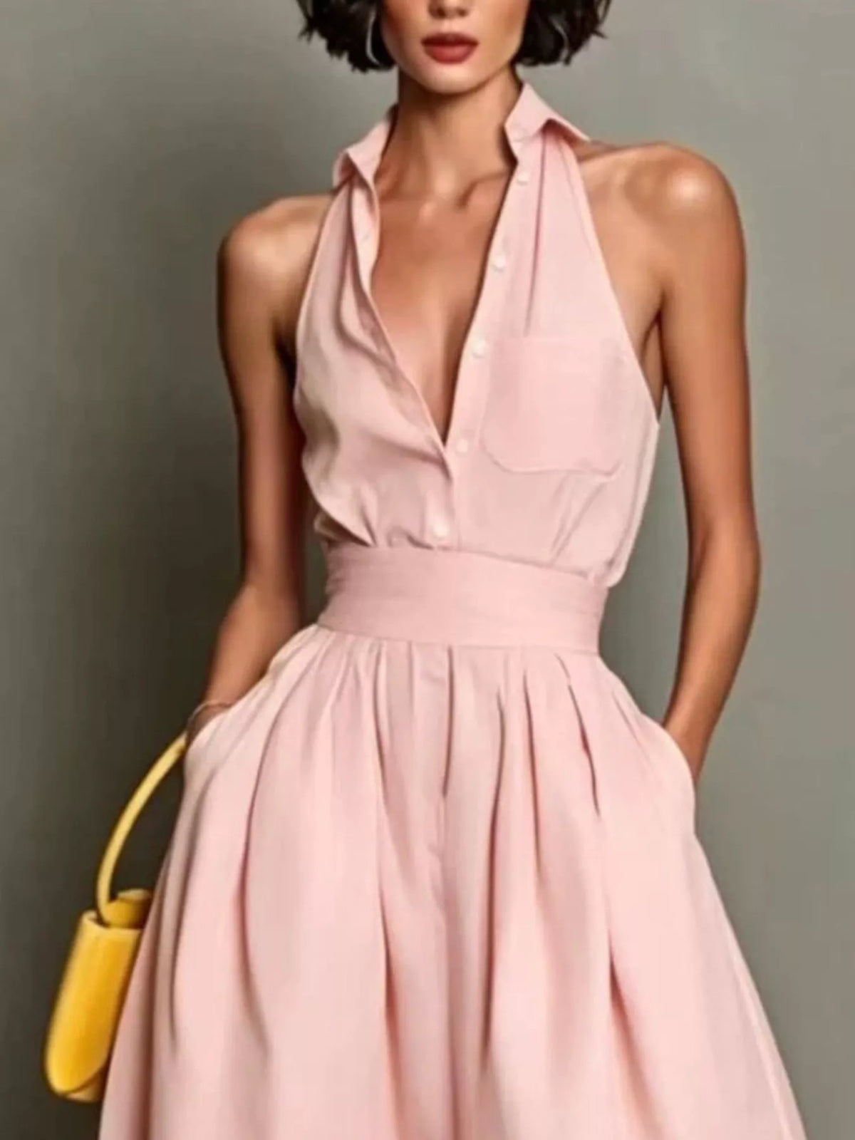 Pink halter-collar A-line midi dress, collar and bodice detail