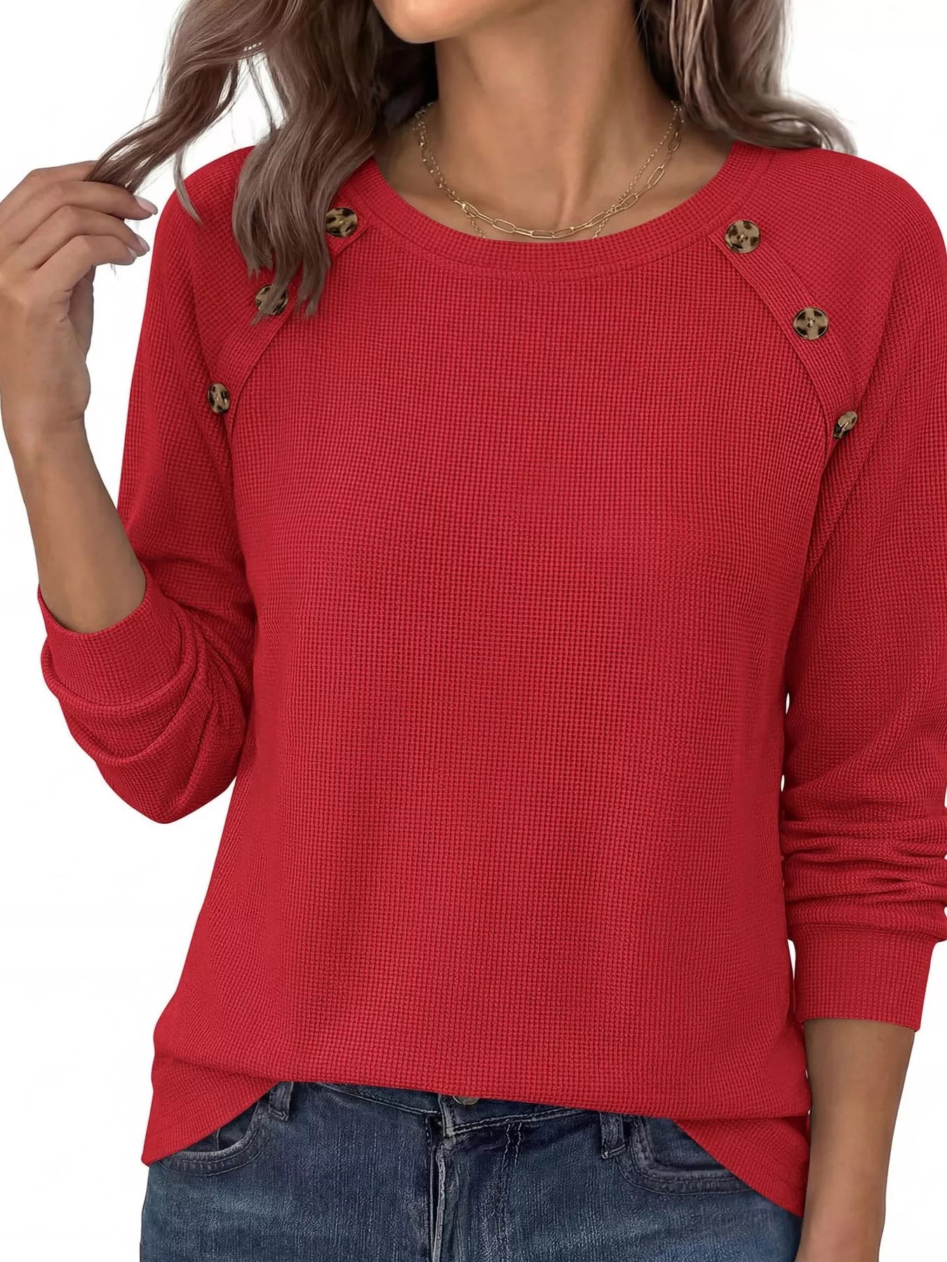 Trendsi Decorative Button Waffle Knit Long Sleeve T-Shirt -