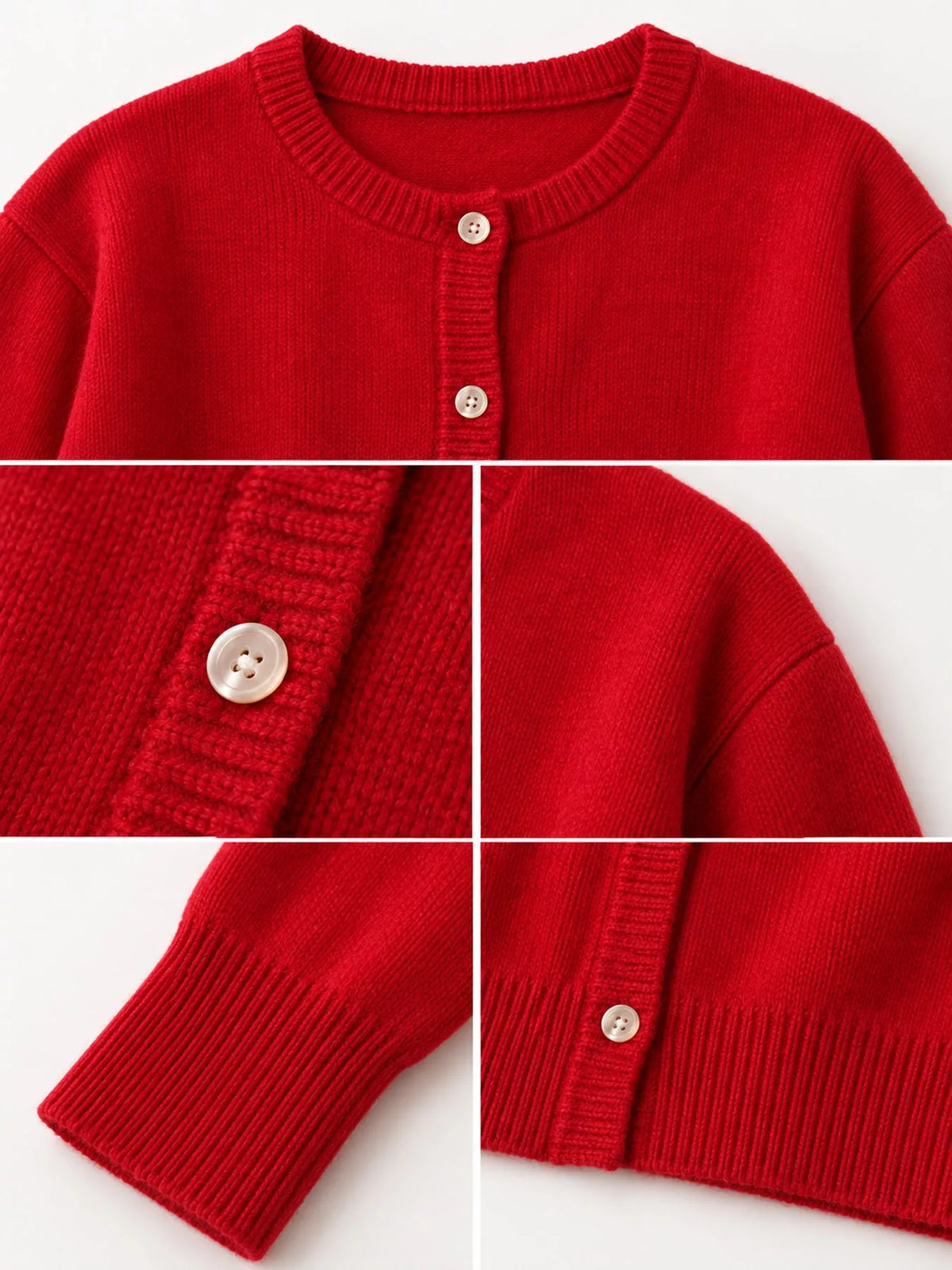 Women's Crew Neck Button-Down Knit Cardigan in red — detail collage view