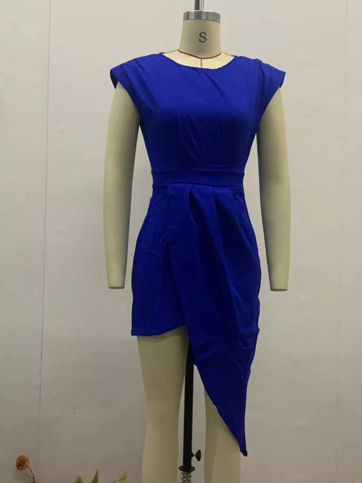 Women's Asymmetrical Backless Pleated Dress in blue — mannequin front view