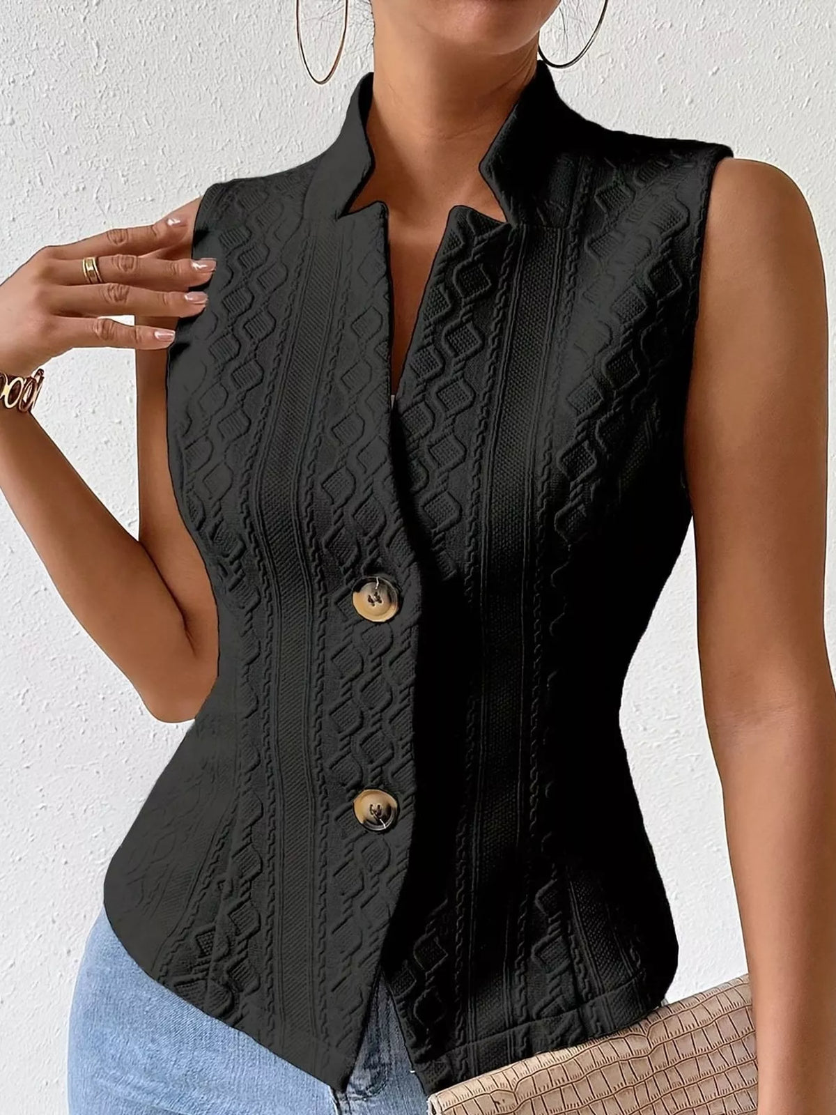 Textured Single-Breasted Vest in black, front view