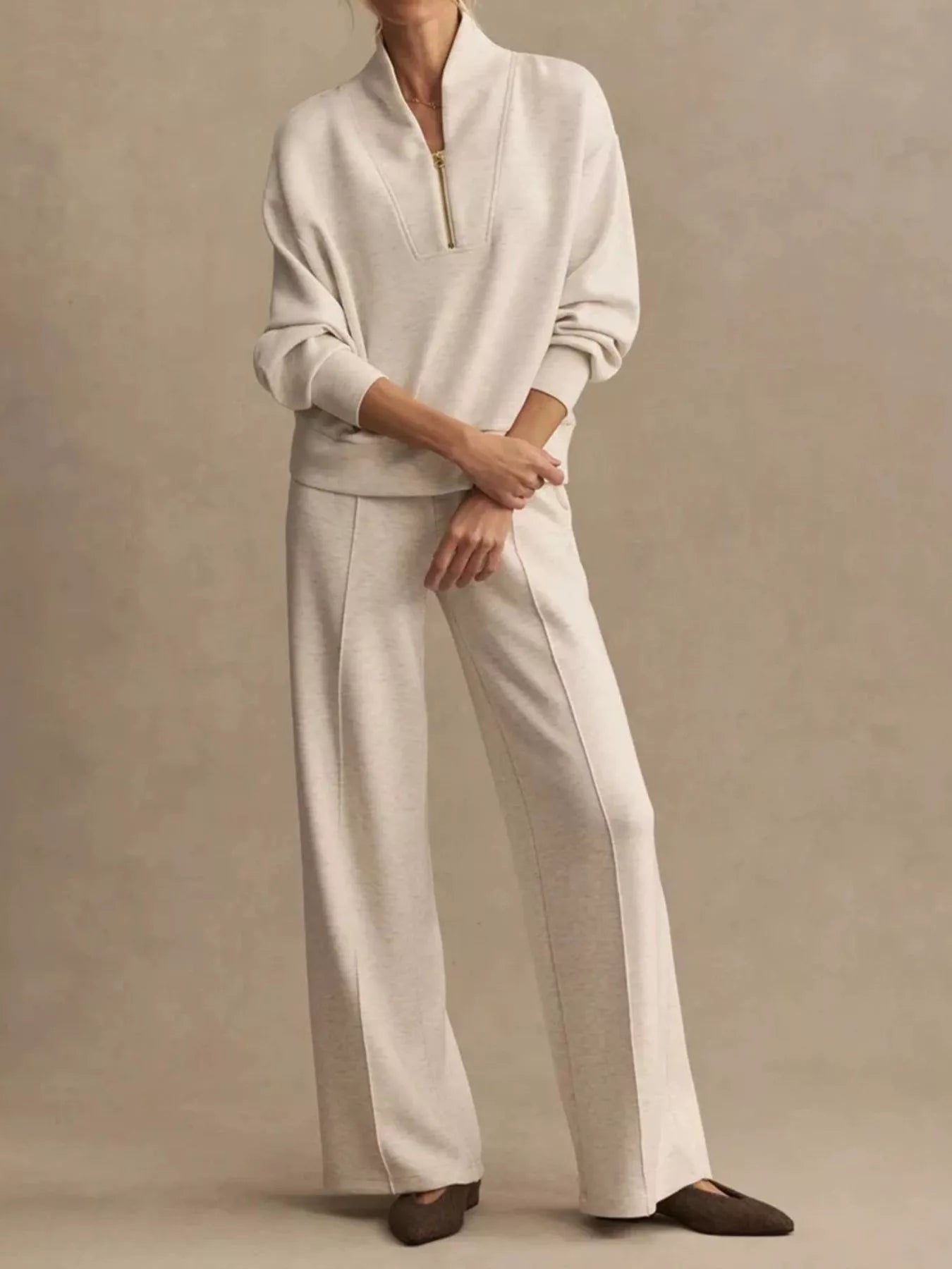 Trendsi Quarter-Zip Sweatshirt and Wide-Leg Pants Set -