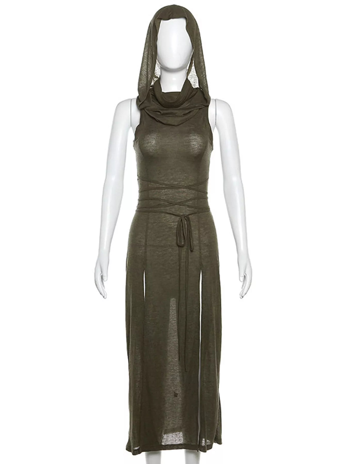 Olive green sleeveless high slit hooded maxi dress, front view