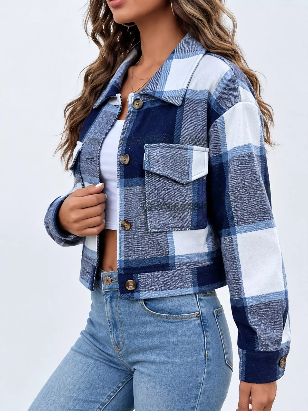 Navy plaid button-up cropped jacket