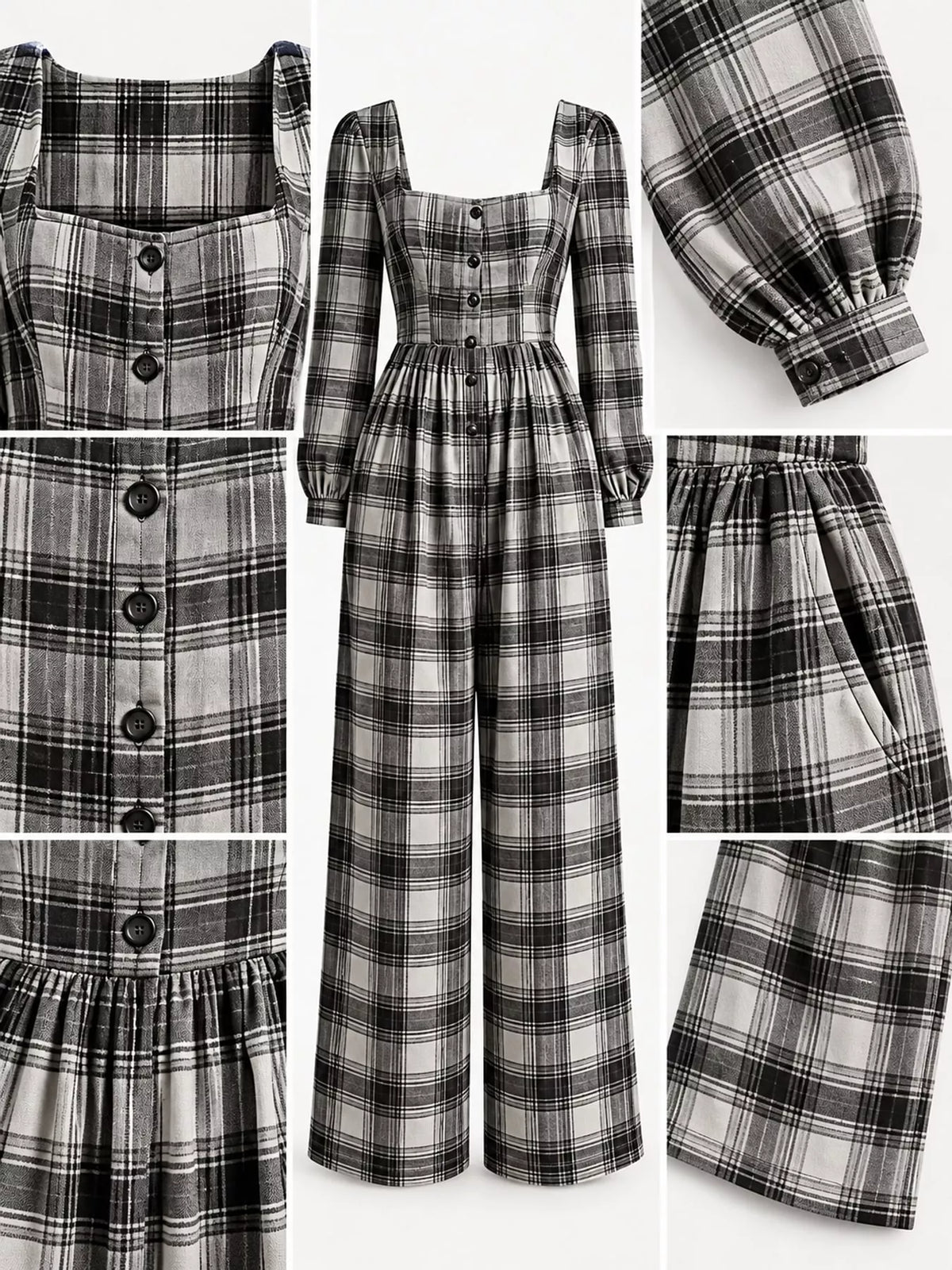 Plaid jumpsuit, black white button cuff detail collage