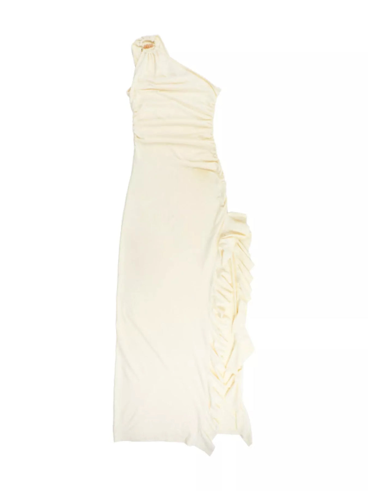 Cream one shoulder ruched ruffle hem maxi dress, front view