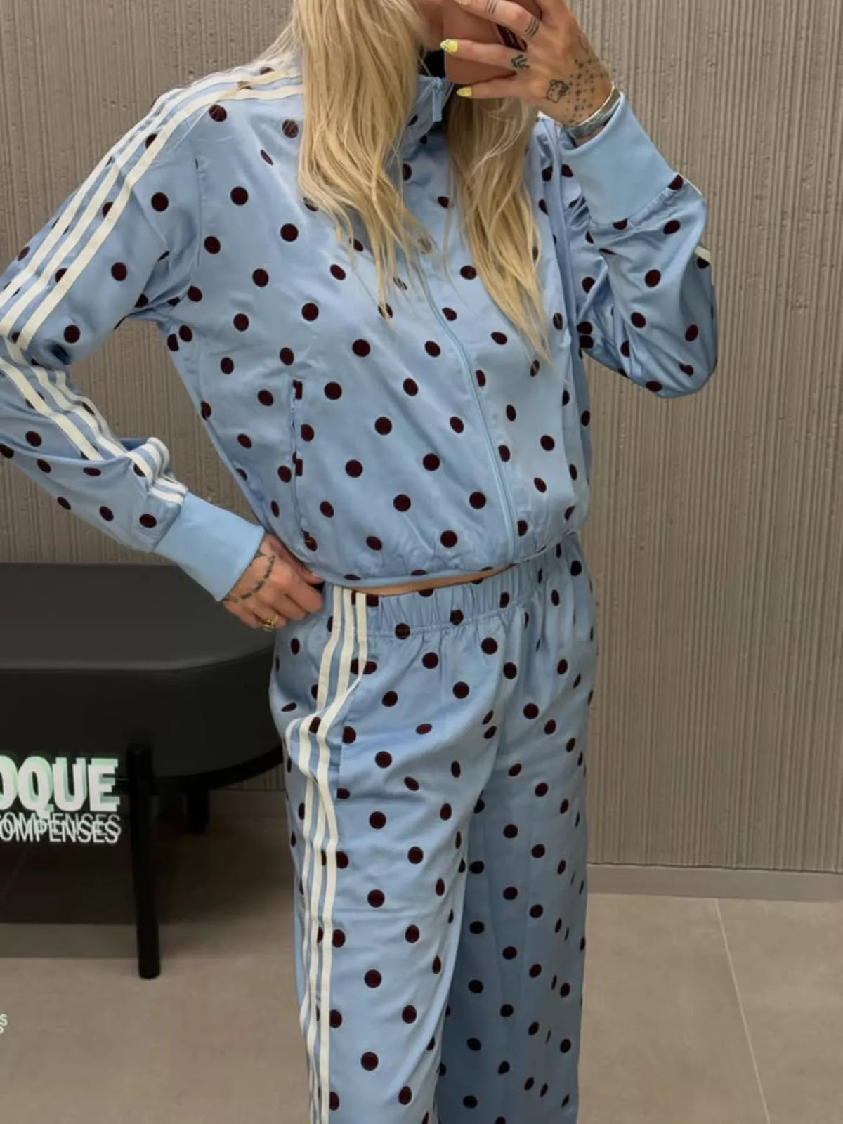 Trendsi Polka Dot Side Striped Outerwear and Pants Set -