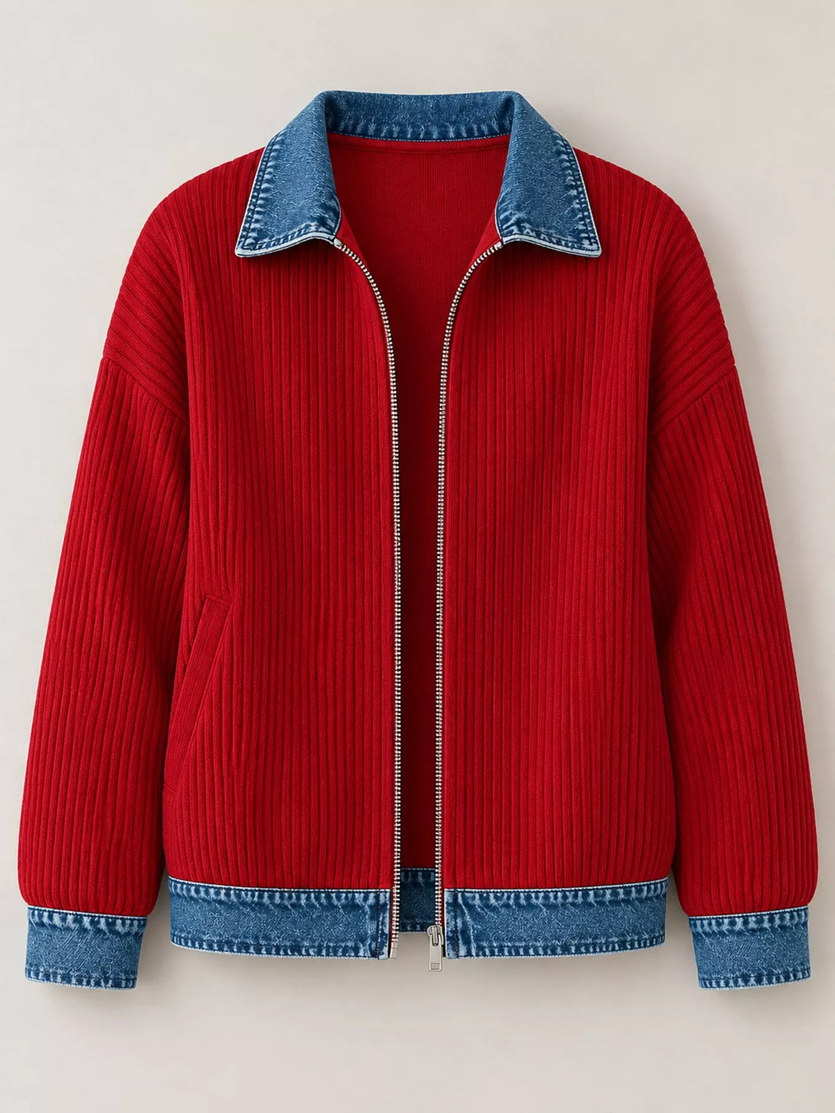 Red denim-collar ribbed knit zip-up jacket — front view