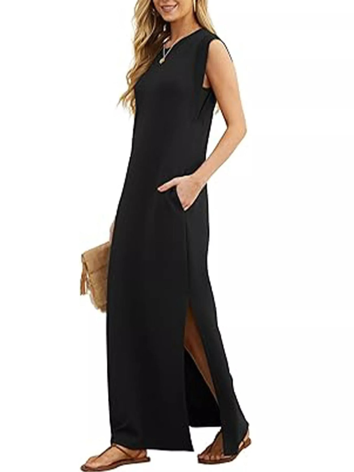 Round neck sleeveless maxi dress, side view