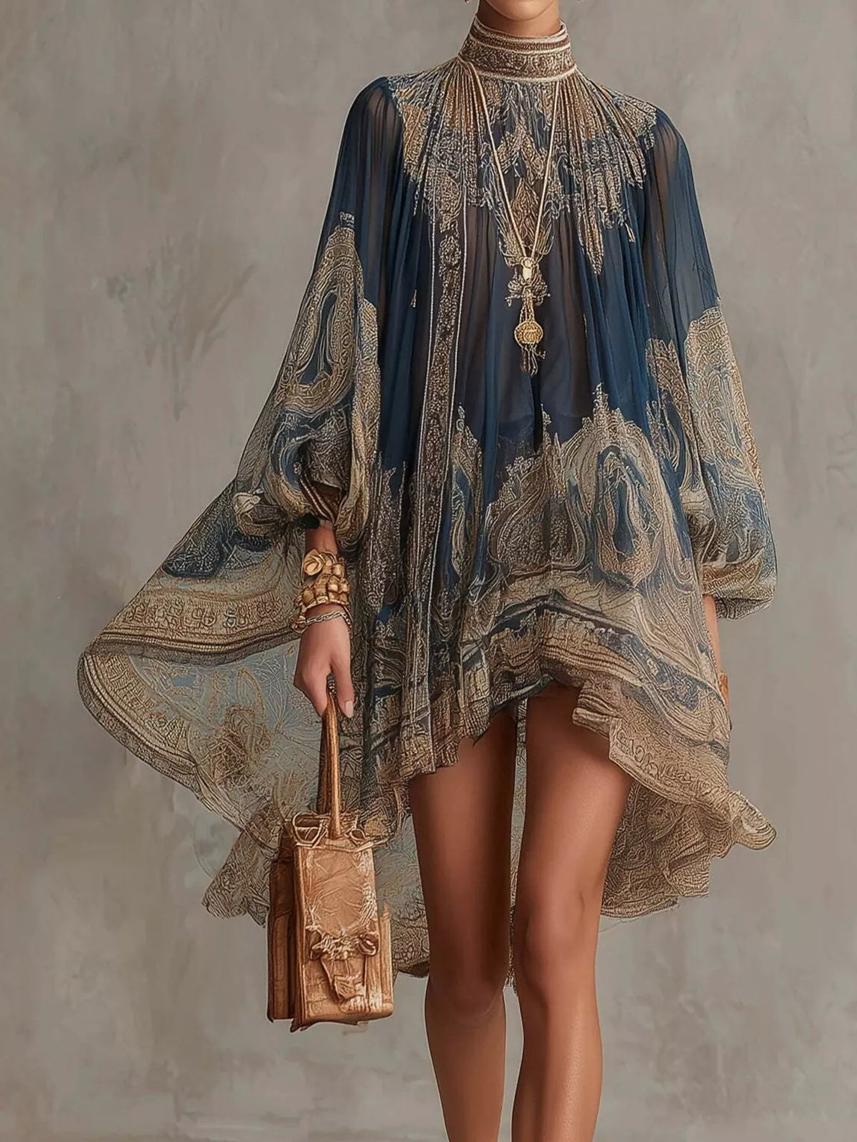 Women's Paisley Print Chiffon High-Low Mini Dress in navy and tan — front view