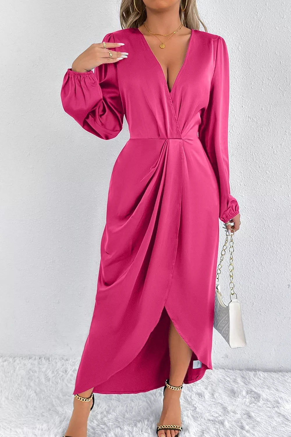 Trendsi Satin Balloon Sleeve Midi Dress -