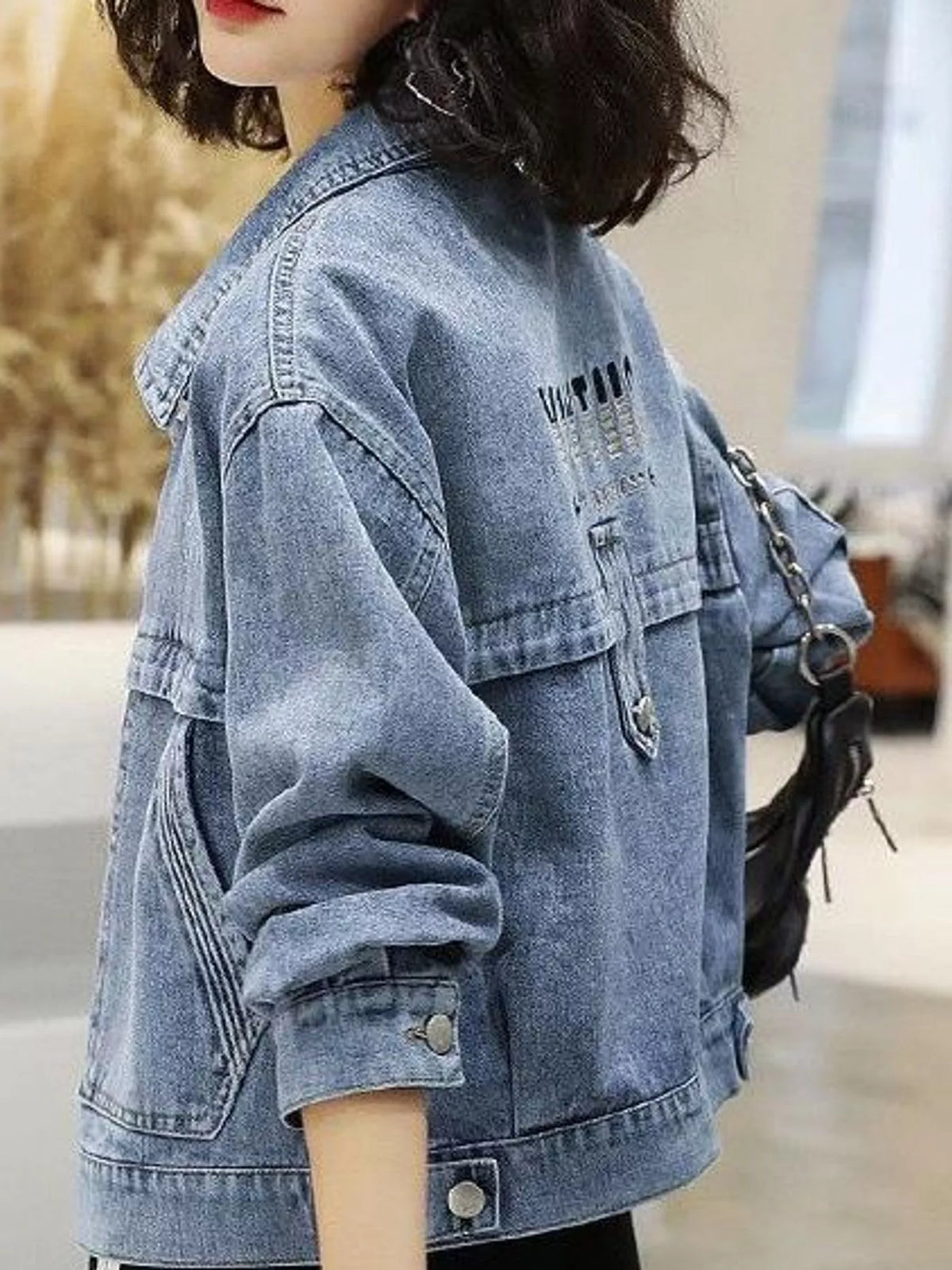 Embroidered Button-Up Denim Jacket — side view
