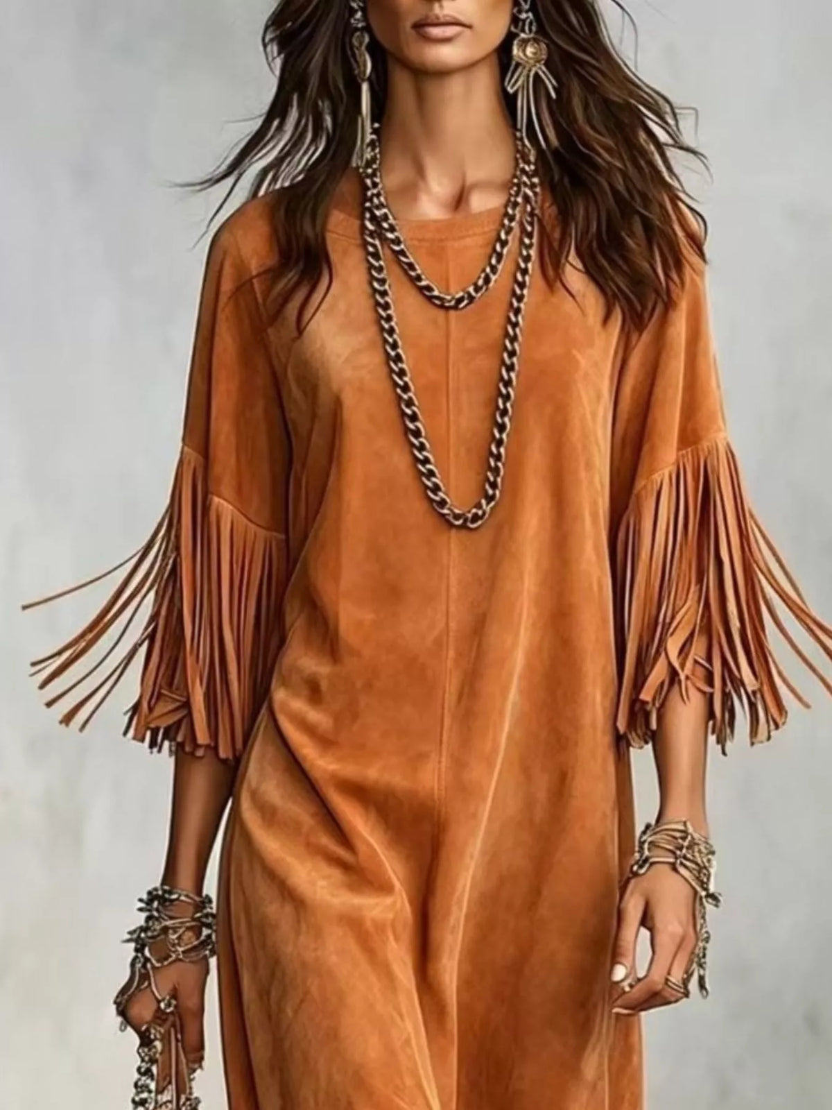 Orange fringed asymmetric-hem midi dress, neckline and sleeve detail