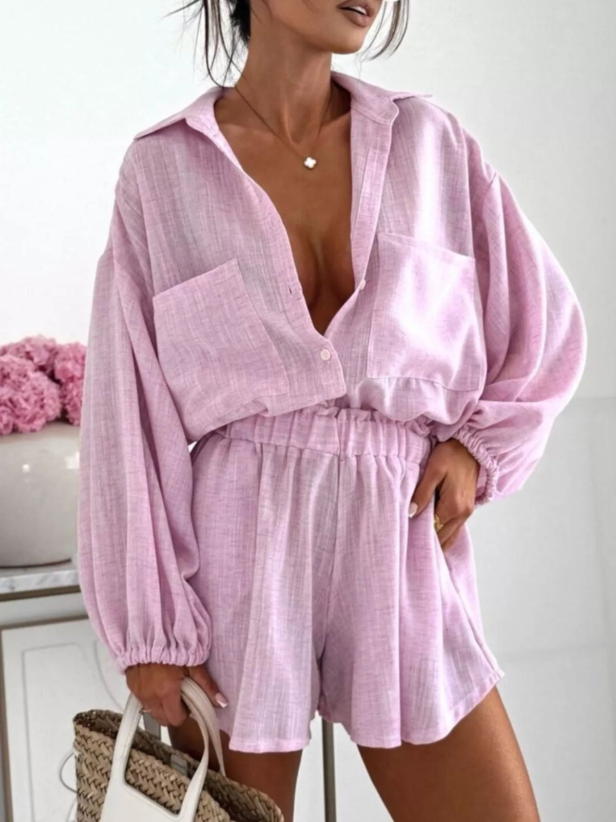 Trendsi Long Sleeve Shirt and High-Waisted Shorts Set -
