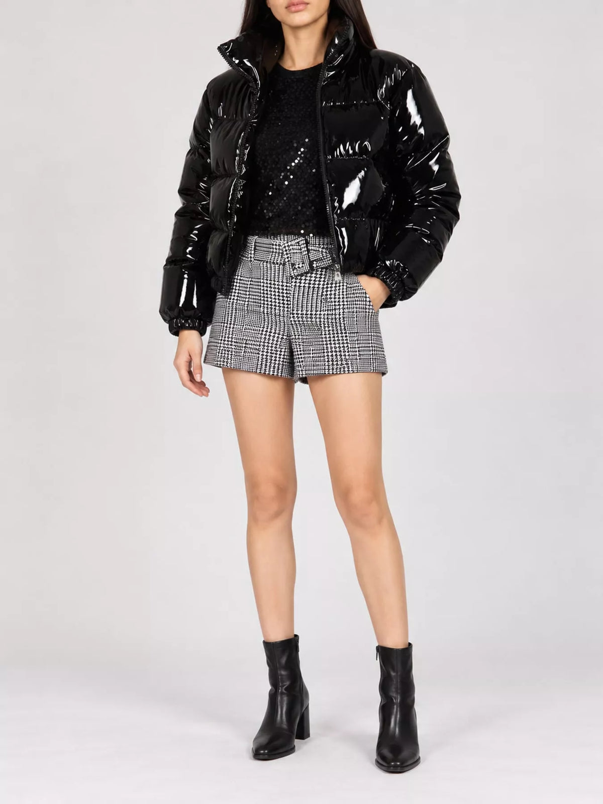 Glossy Stand-Collar Zip-Up Puffer Jacket — front view