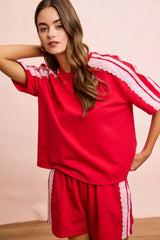 Trendsi BiBi French Terry Side Lace Detail Short Sleeves Top -