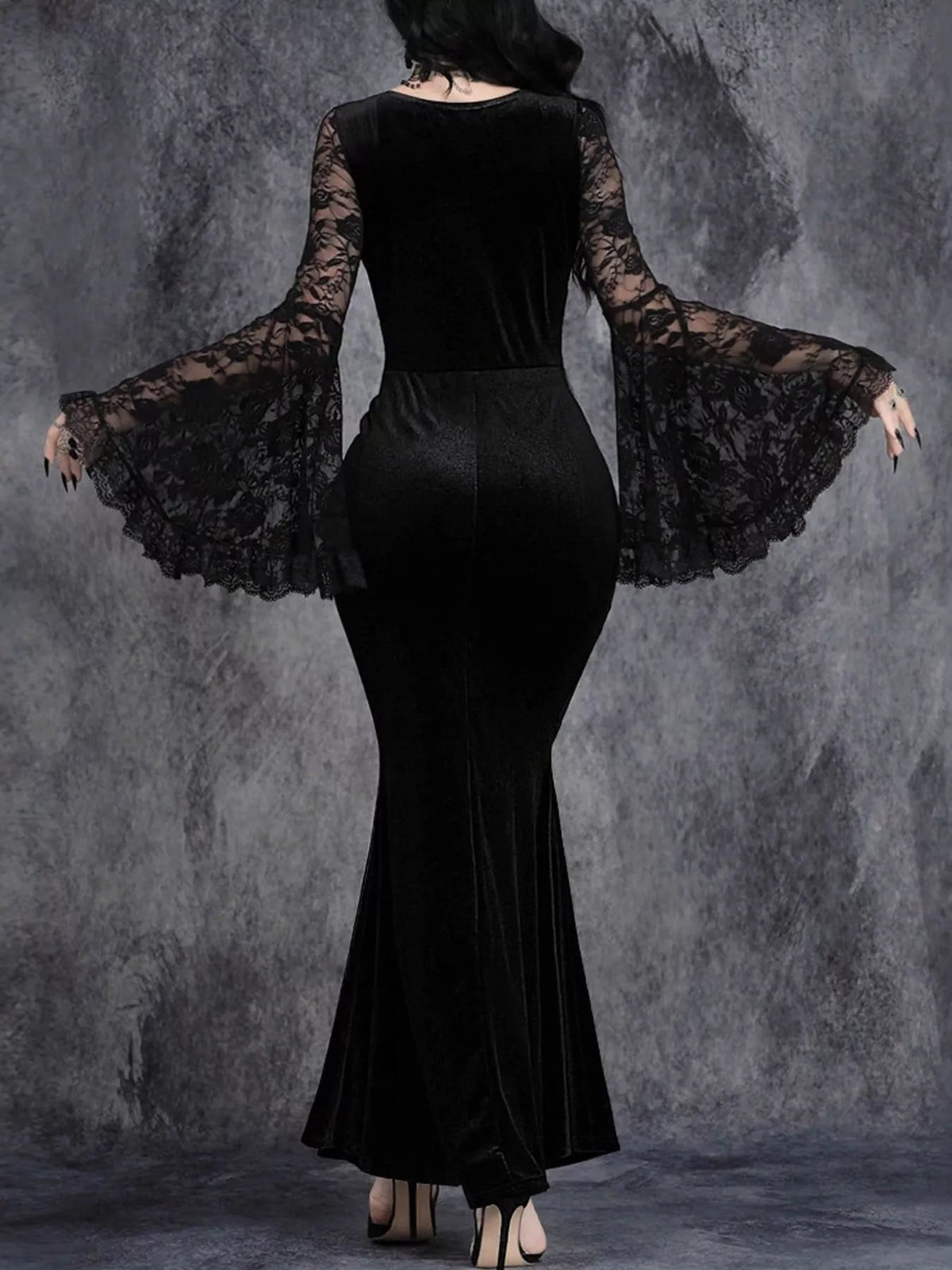 Black lace flare sleeve maxi dress — back view