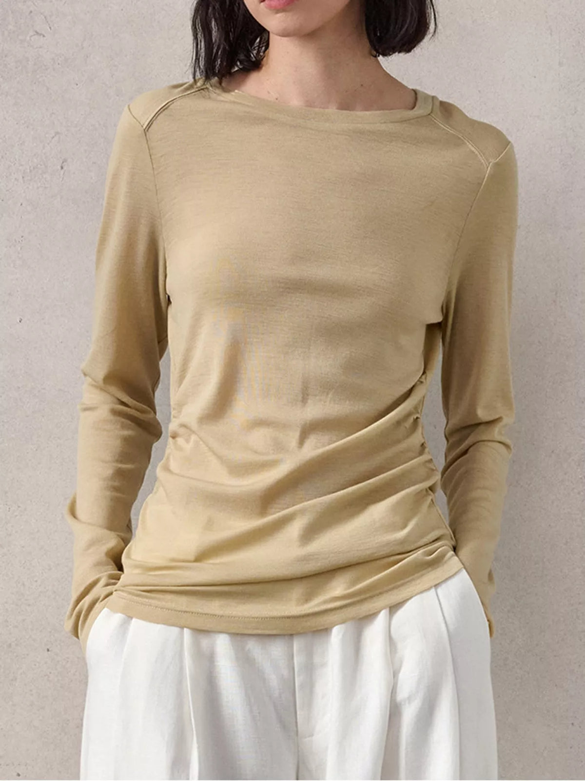 Round neck long sleeve t-shirt, front view on model