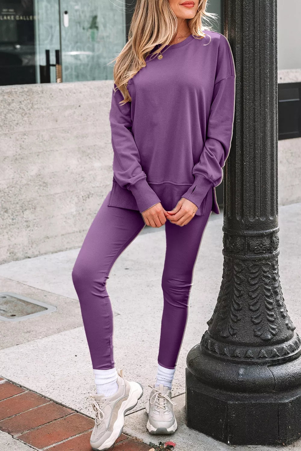 Trendsi Side Slit Long Sleeve Sweatshirt and Pants Set -